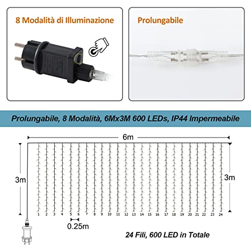 Detalle de Zorela 600 LED 6Mx3M Tenda Luminosa Natale IP44: luci di Natale impermeabili, esterno/interno, 8 modalità
