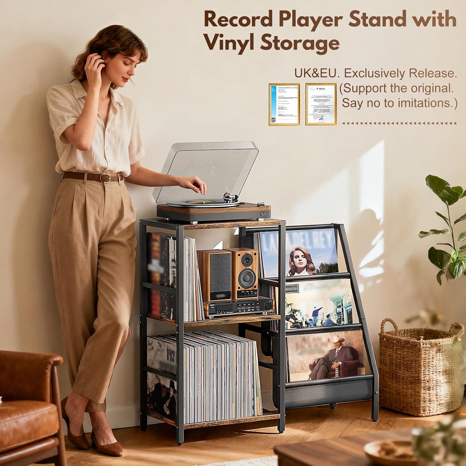 Detalle de Bikoney End table-110401 platenspelermeubel met 3 niveaus voor vinyl