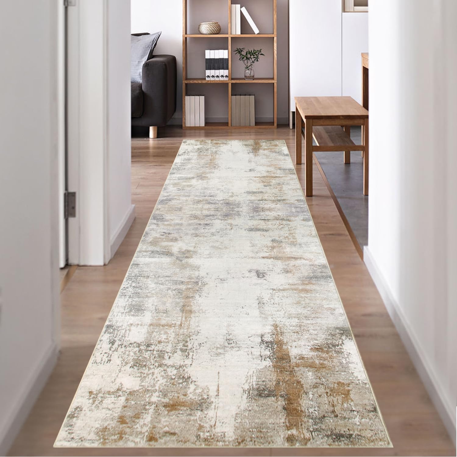 Detalle de Famibay 60x300cm Hallway Runner Rug in Brown & Beige (non-slip, washable, low pile)