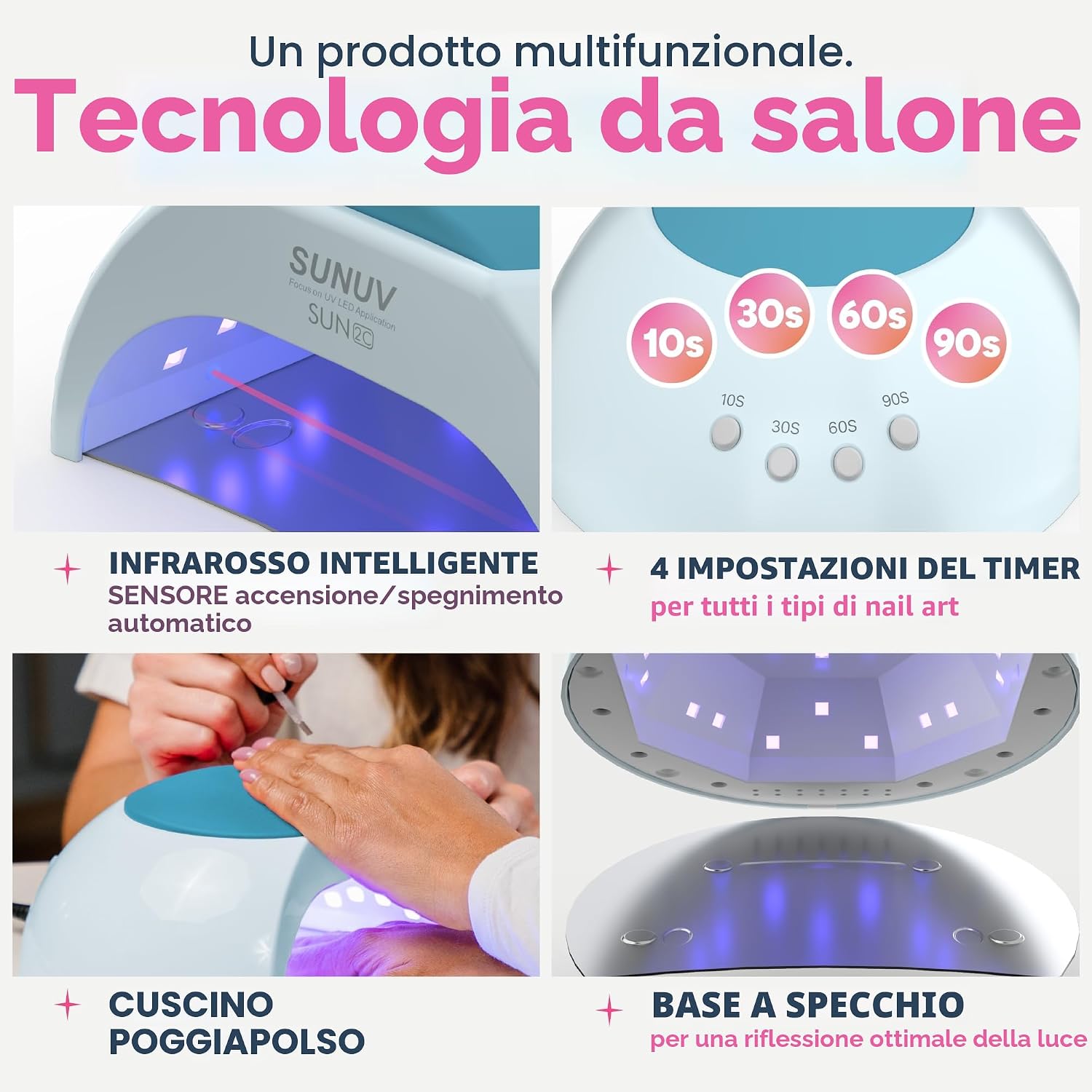 Detalle 2 de SUNUV Lampada Unghie LED UV Professionale Bluastro: asciuga gel e semipermanente con sensore automatico e 4 timer