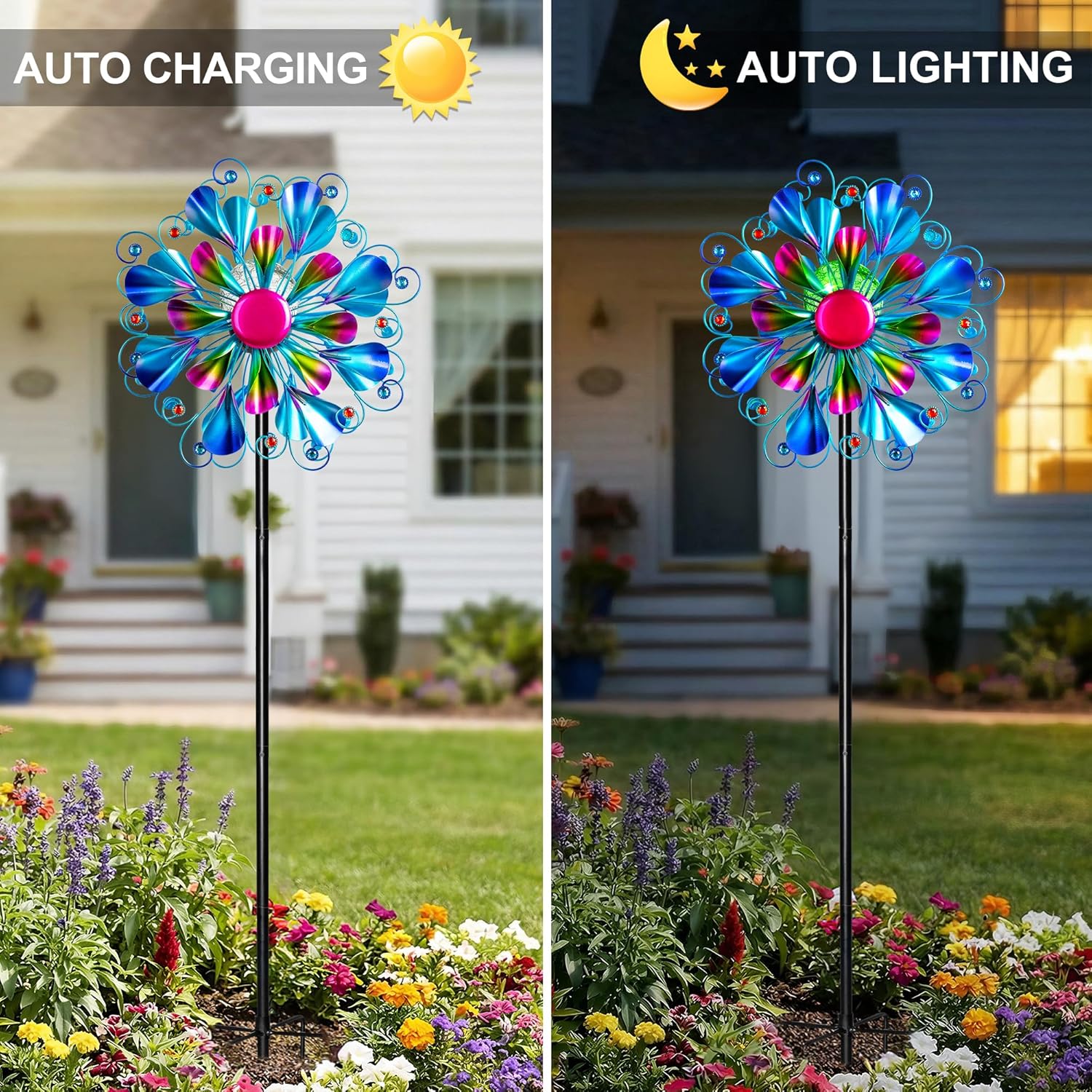 Thumbnail 1 de Solar Wind Spinner Outdoor Metal - Peacock Kinetic Garden Sculpture with Color-Changing LED Lights