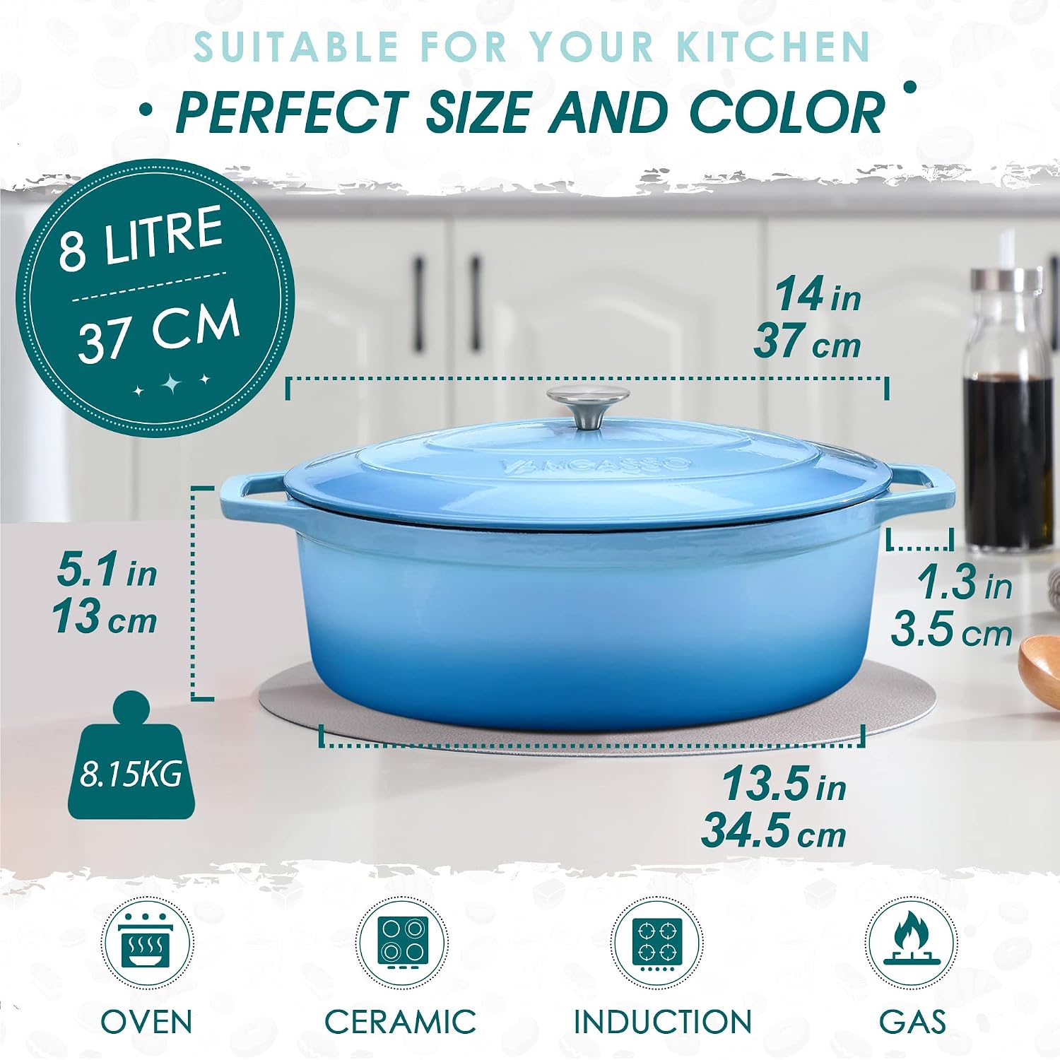 Thumbnail 1 de Vancasso 37cm Oval Cast Iron Casserole Dish with Dual Handles and Lid, 8 L, Enamelled Blue