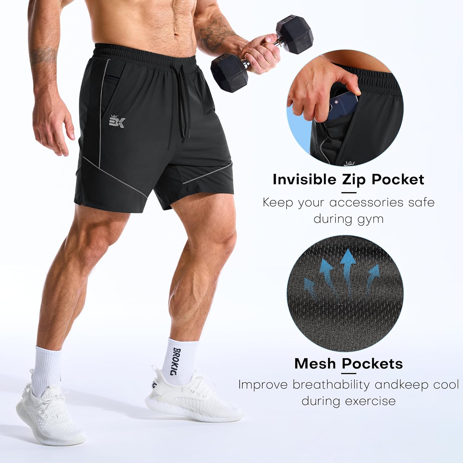 Detalle de BROKIG Mens AdiArmor Gym Shorts — Lightweight, protective, with zip pockets for training