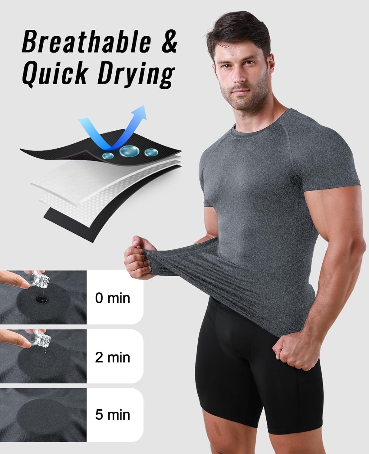Thumbnail 3 de Niksa Men's Compression T-Shirts: 1 Pack or 2 Packs - Quick Dry Base Layer for Gym, Running, Cycling and Training