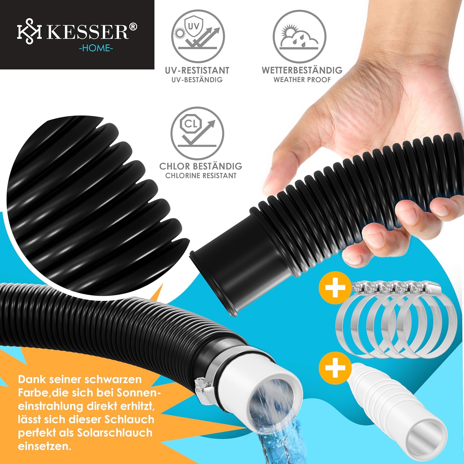 Thumbnail 4 de KESSER® Poolschlauch 12 m, Ø 32 mm – flexibler Schwimmbad-, Saug- und Pumpenschlauch mit Muffen (inkl. Schlauchschellen)