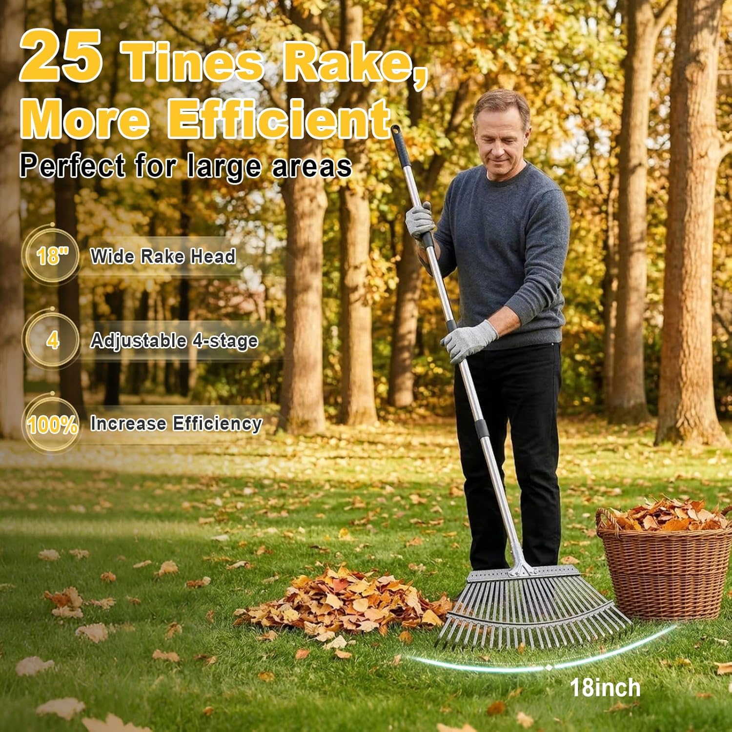 Thumbnail 2 de ARTIPOLY Garden Leaf Rake with 25 metal tines and adjustable handle (47cm wide)