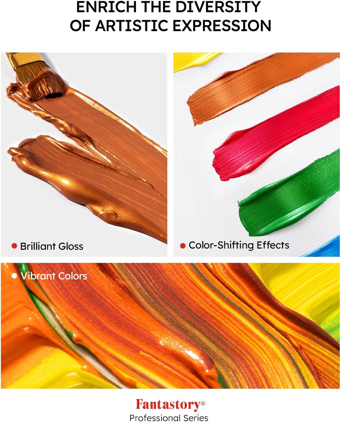 Detalle 2 de fantastory Metallic Iridescent Acrylic Paint Set with 12 Brushes – 12 x 2oz Metallic Colours (Balanced Series)