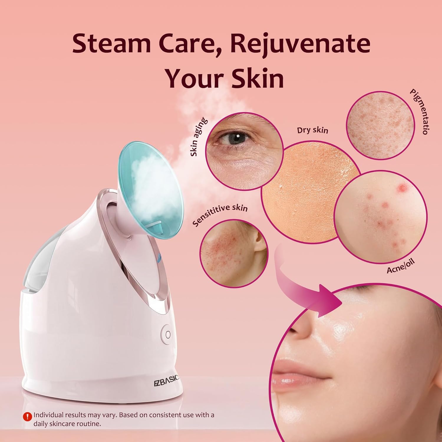 Detalle de Vaporizzatore Viso Nano-Ionico EZBASICS – Sauna Facciale Domestica con kit pelle 5 pezzi e confezione regalo