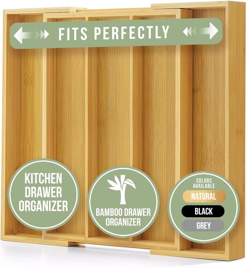 Thumbnail 1 de Purawood Kitchen Drawer Organizer - Expandable Bamboo Silverware Tray (3-5 Slots)