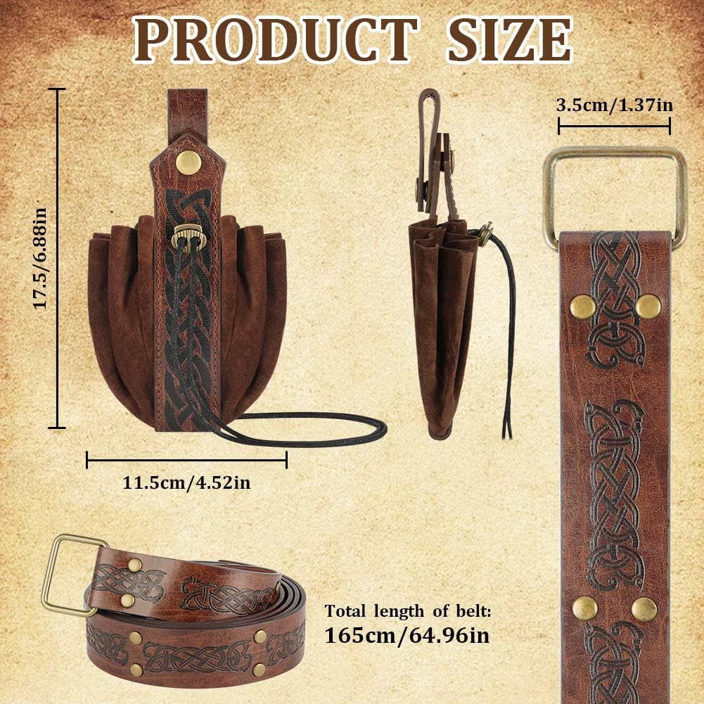 Detalle 2 de AYBUY Ceinture Médiévale avec Relief Nordique et Sac de Ceinture Viking en Simili-Cuir – Brun-C