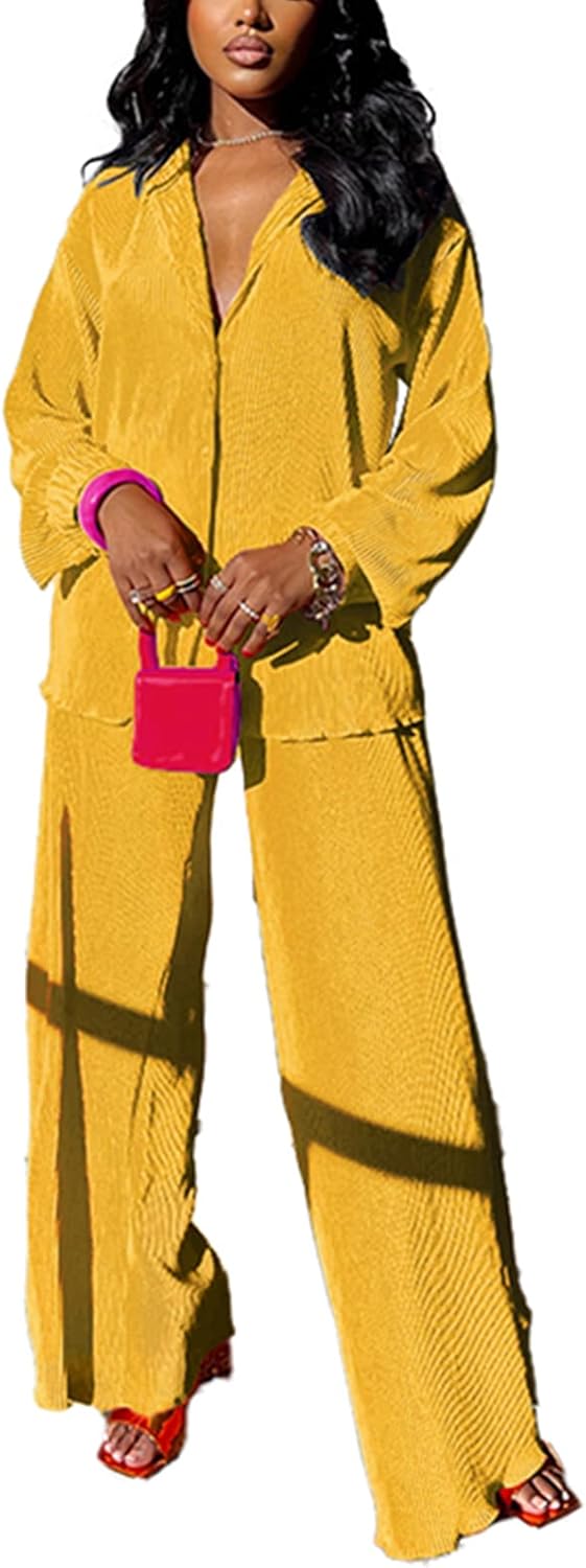 Thumbnail 5 de Kaimimei Casual 2-Piece Outfit for Women: Linen Long Sleeve Button-Down Shirt + Flare Pleated Wide-Leg Pants