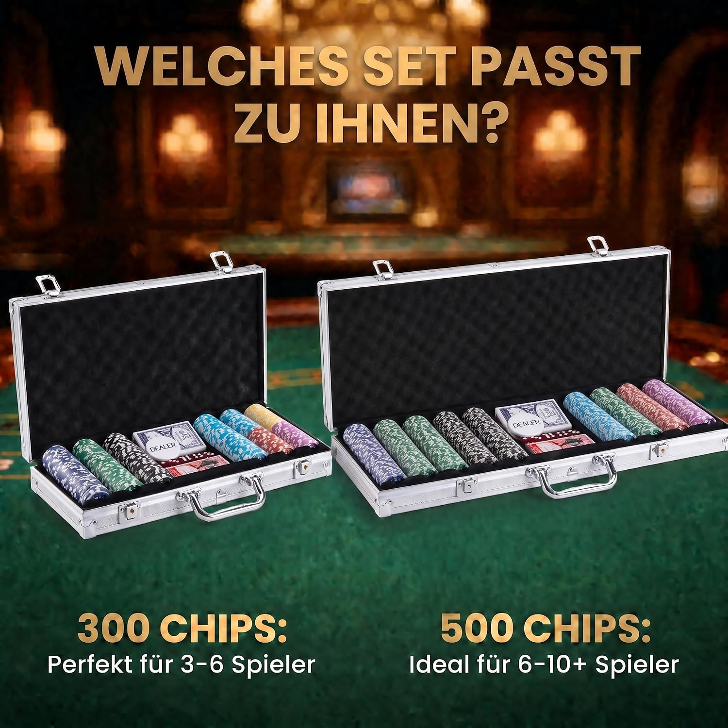 Thumbnail 6 de Profi Pokerkoffer Pokerset inkl. 300–500 schwere 12 g Metallkern-Chips, inkl. Deck, Karten, Würfel, Dealer-Button – abschließbarer Alu-Koffer