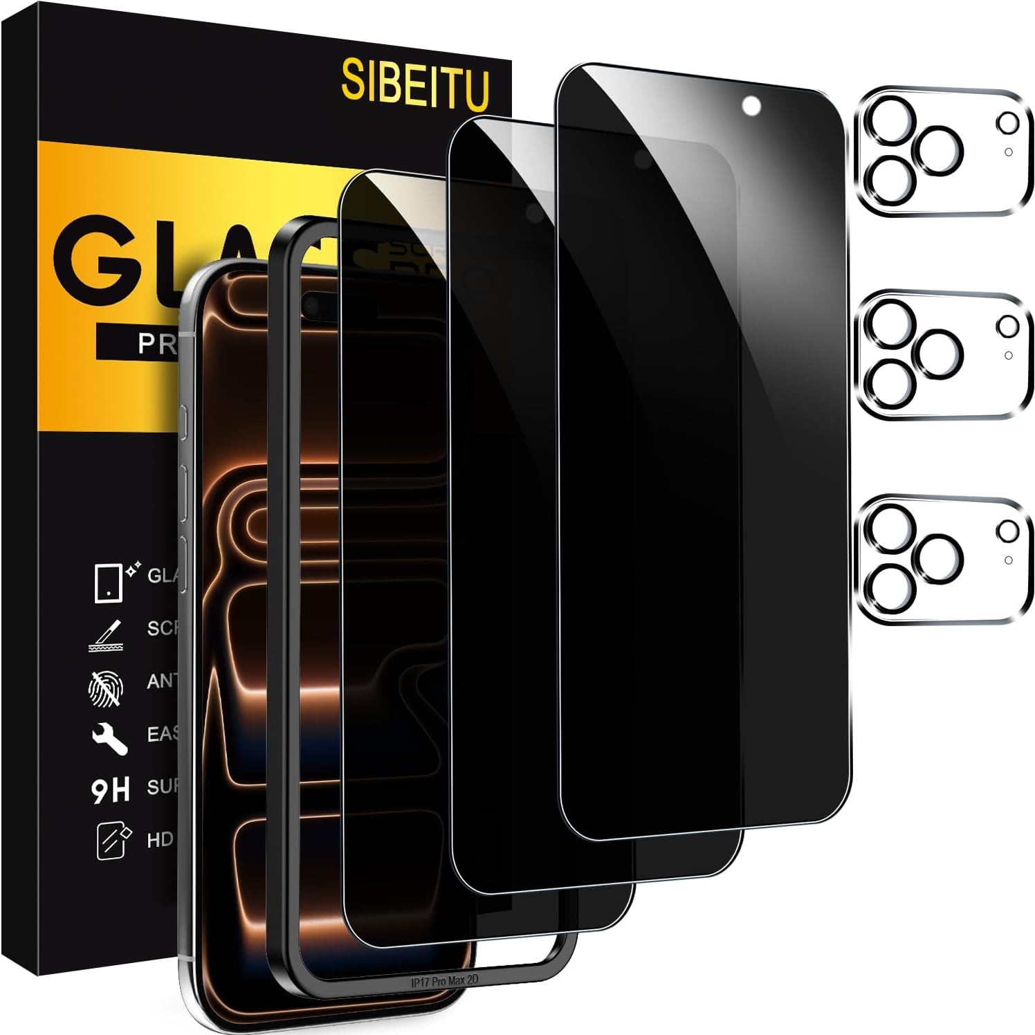 Detalle de SIBEITU iPhone 17 Pro Max Privacy Screen Protector, 28° Tempered Glass, 3+3 Pack
