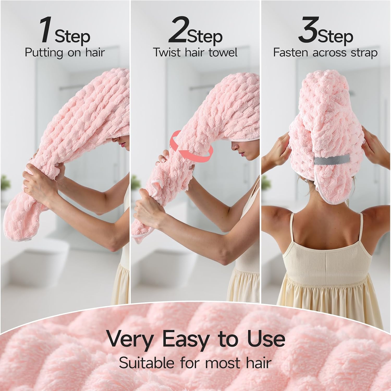Detalle de REDKISS Pink Microfiber Hair Towel Wrap with Elastic Strap for Long Hair