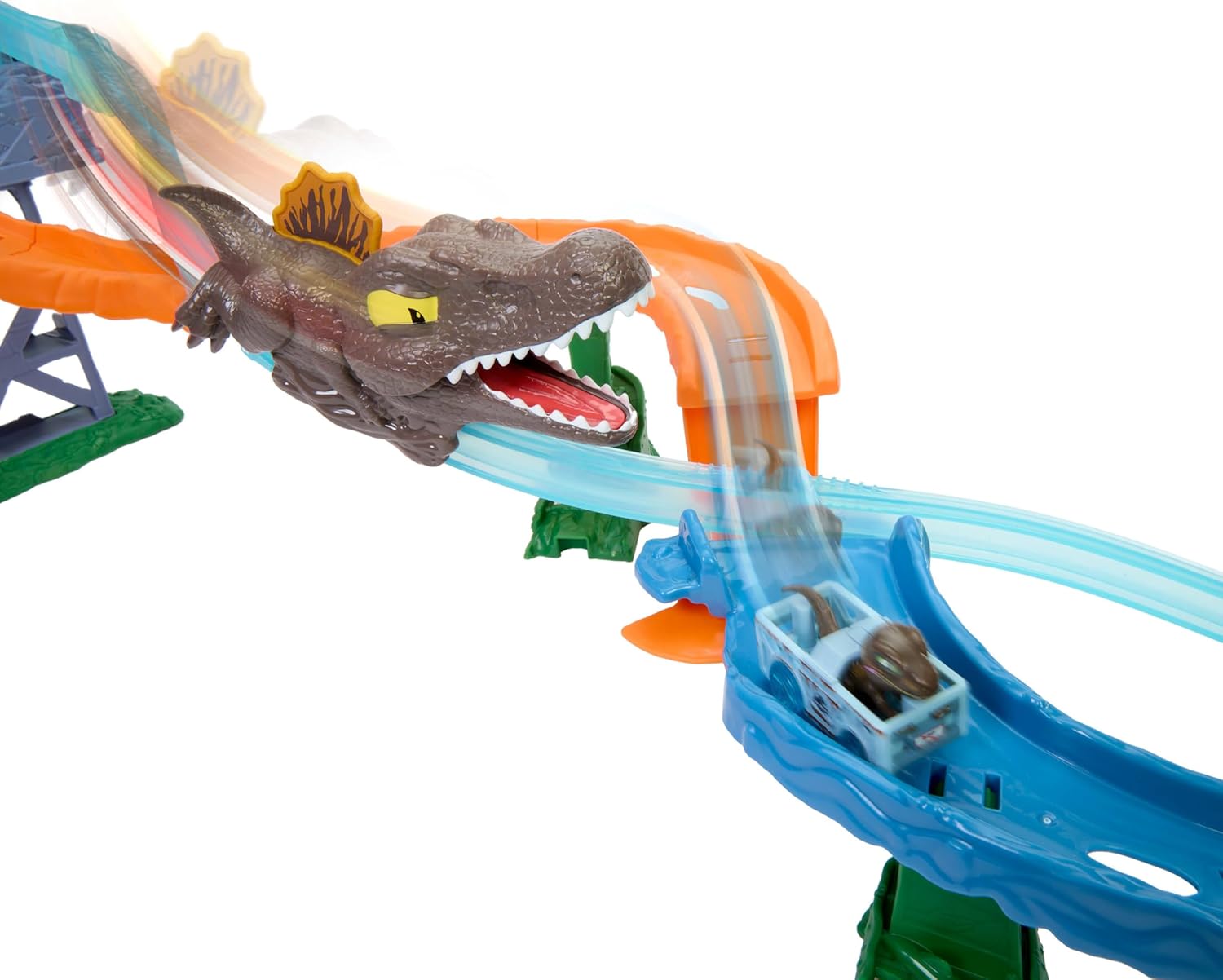 Detalle de Hot Wheels Coffret Carambolages et Collisions RacerVerse Jurassic World avec piste et véhicule miniature (JFP32)