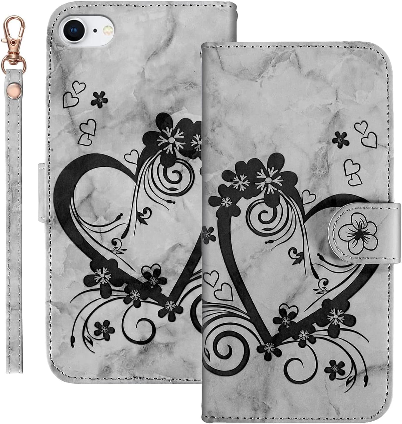 Detalle de Norn Wallet Case for iPhone 7/8/SE (2020/2022): Embossed Love Heart Floral, PU Leather, Magnetic Closure