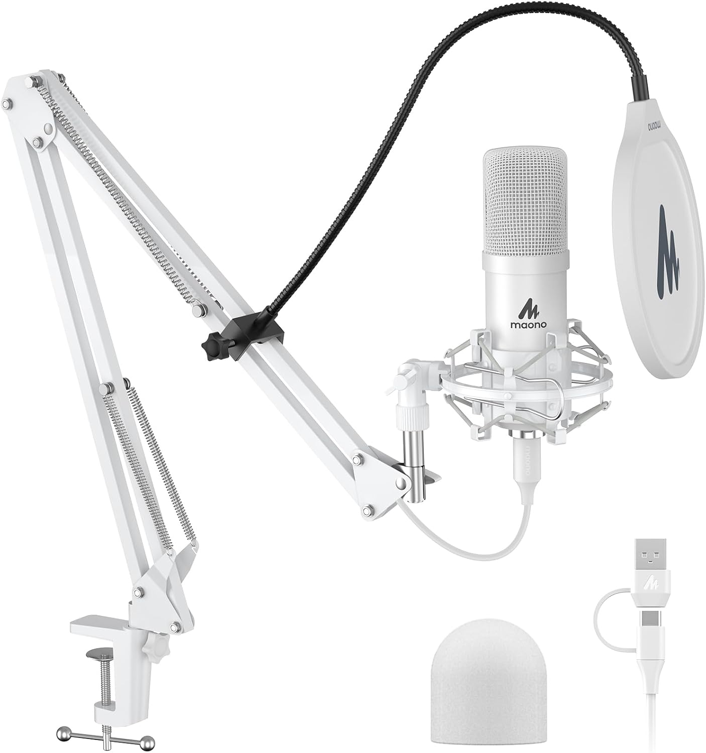 Detalle de MAONO AU-A04 White USB Condenser Microphone Kit, Cardioid, 192kHz/24-bit