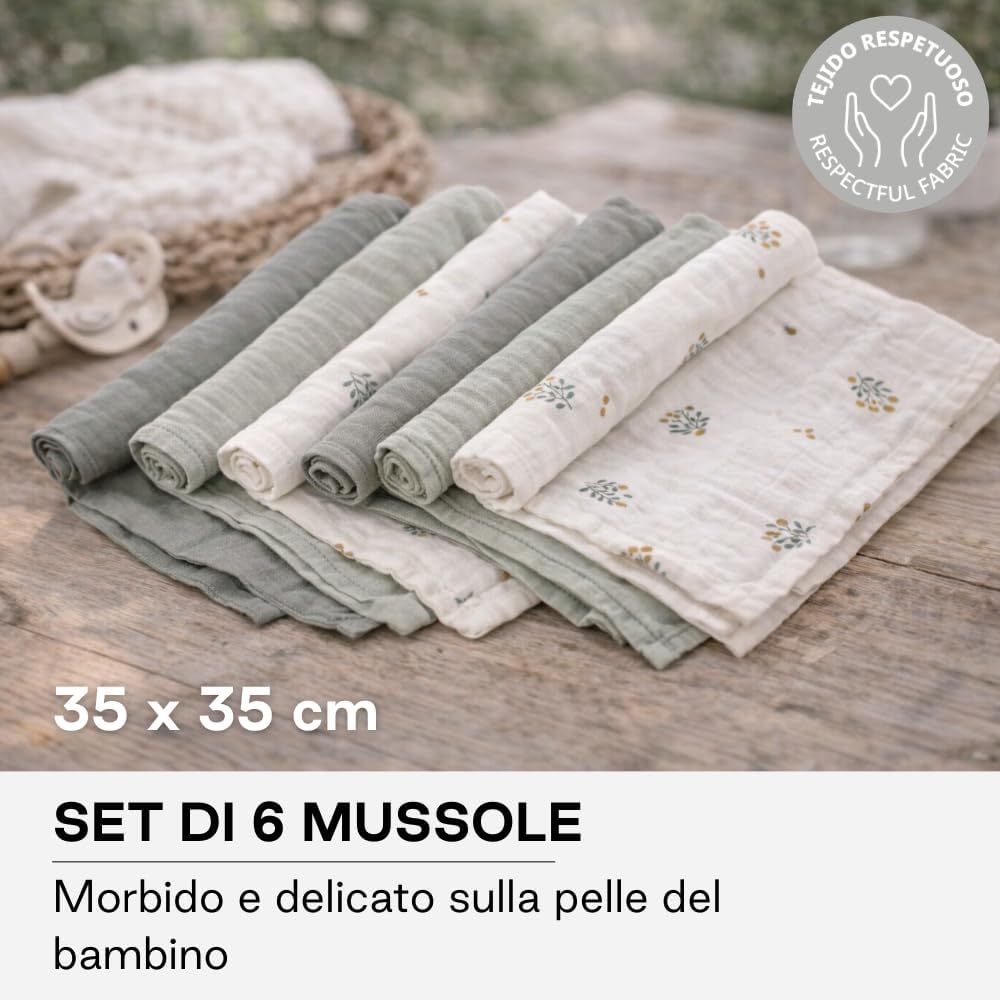 Thumbnail 1 de Jané Set 6 Mussole Neonato 35x35 cm – Cotone e Bambù Naturale, Multiuso, Antiallergiche, Eco, Verde