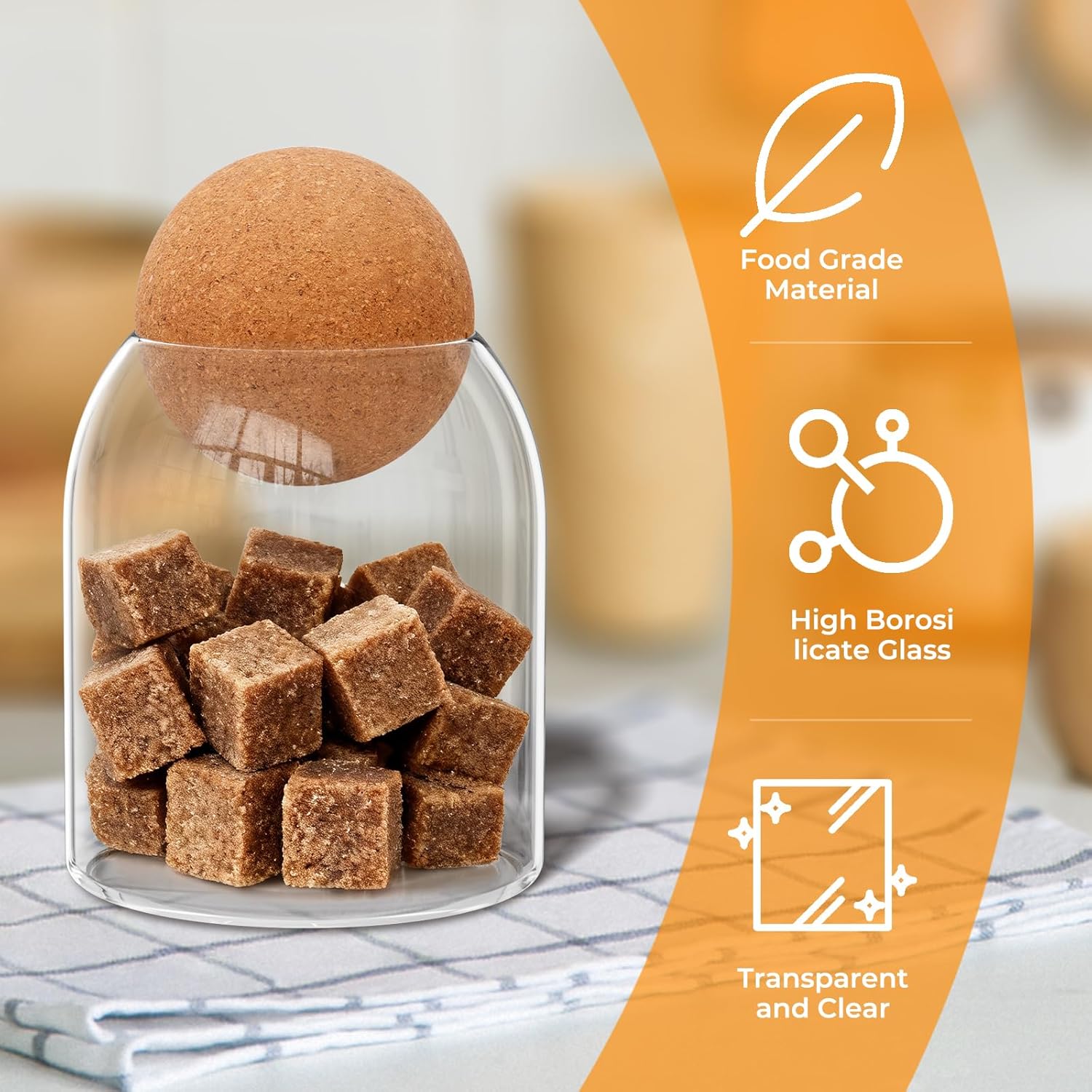 Detalle de Esilihom 3-Pack 500ml Glass Tea, Coffee and Sugar Canisters with Cork Ball Stoppers