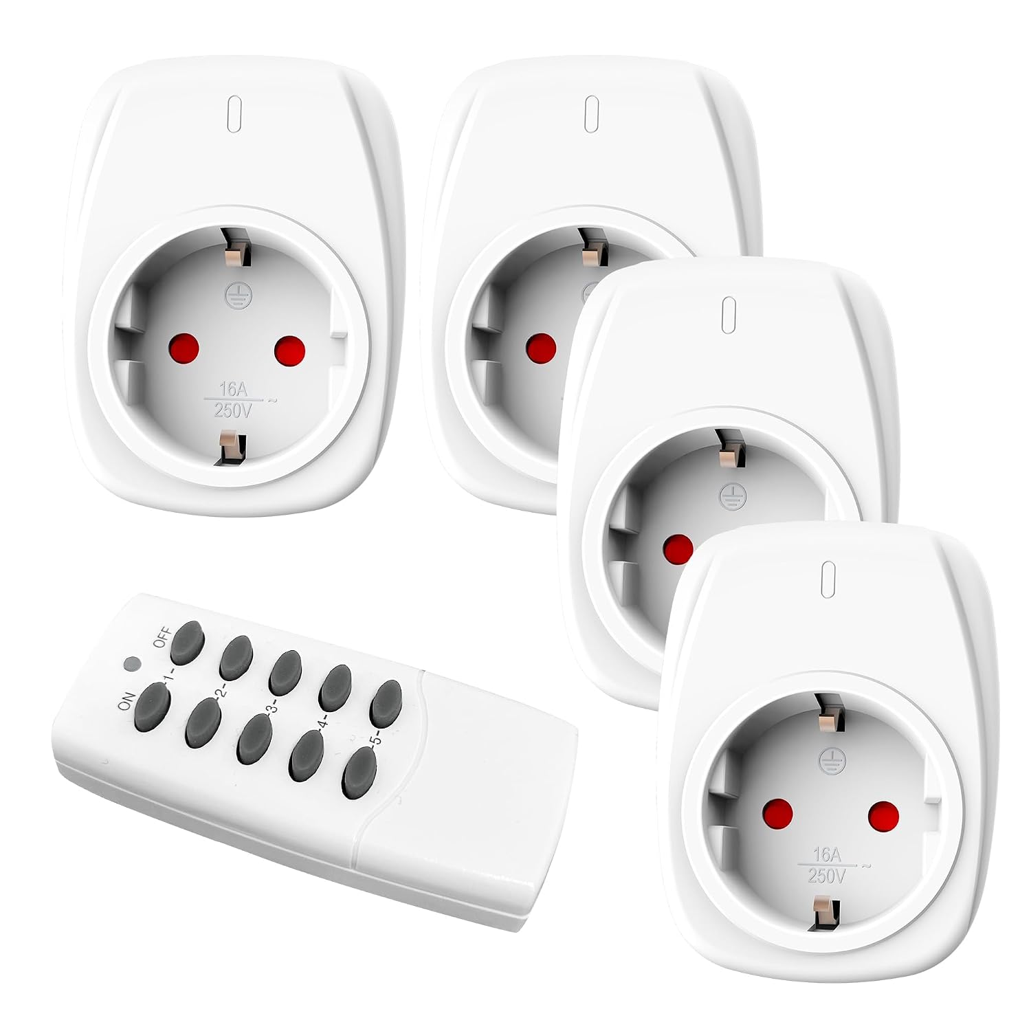 Detalle de HBN 4x Funksteckdosen-Set mit 1 Fernbedienung (16 A / 3.680 W) und 30 m Reichweite – Weiß