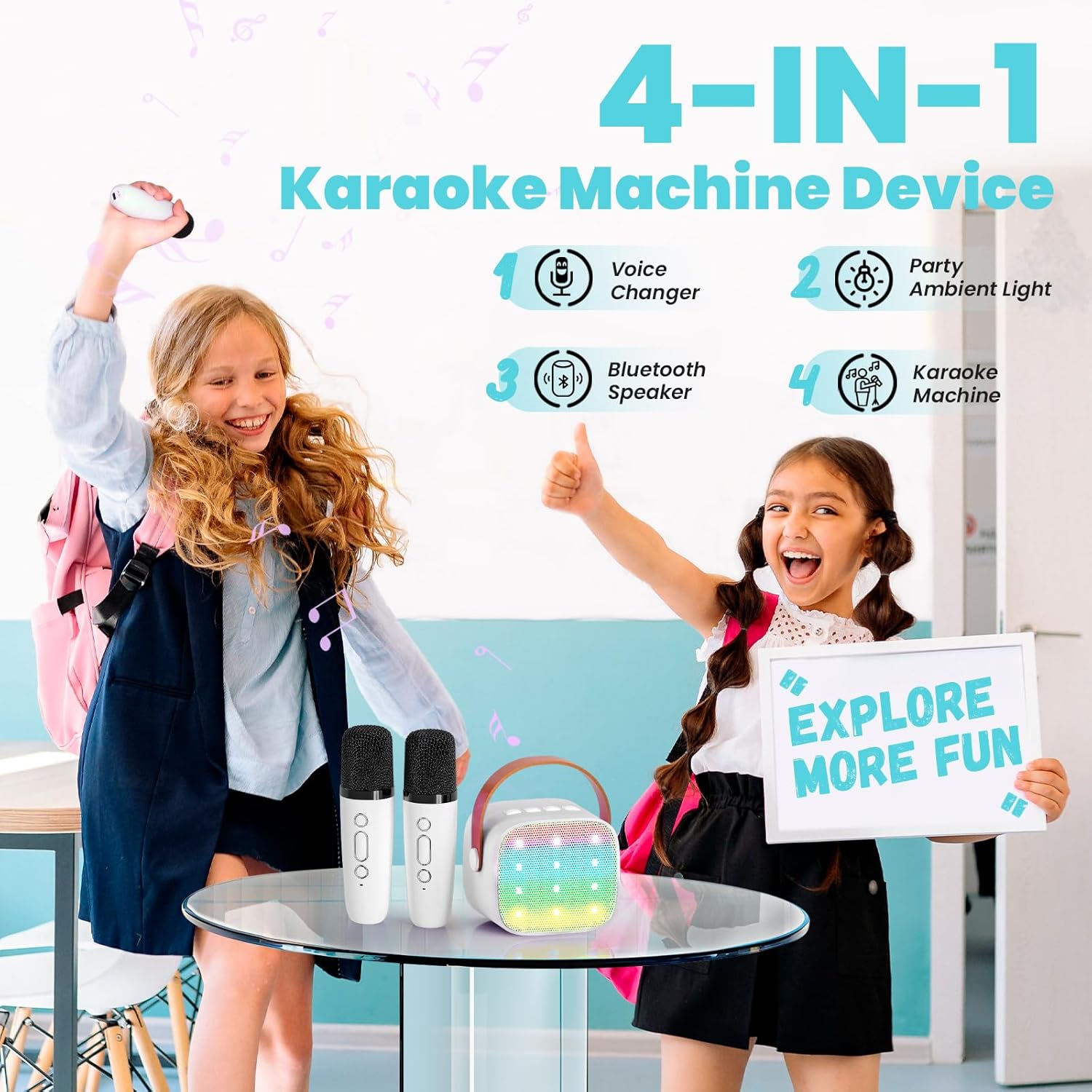 Detalle 2 de Kinder Karaoke Maschine mit Bluetooth-Lautsprecher, 2 Mikrofone, LED-Lichteffekte – Tragbare Karaoke-Box (Weiß)