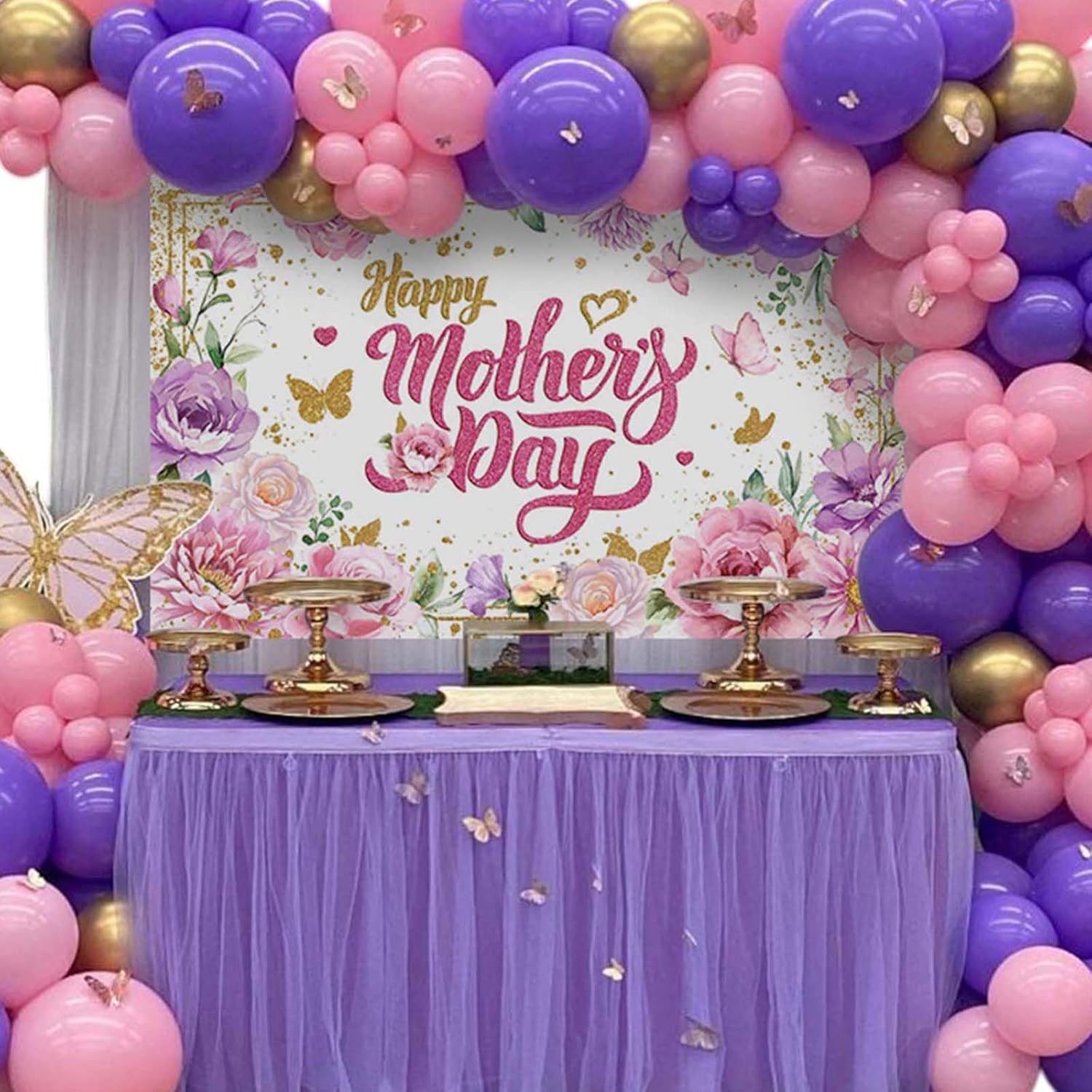 Thumbnail 3 de Avezano Happy Mother's Day Backdrop Banner – Pink Floral with Golden Accents (70.8 x 43.3 Inch)