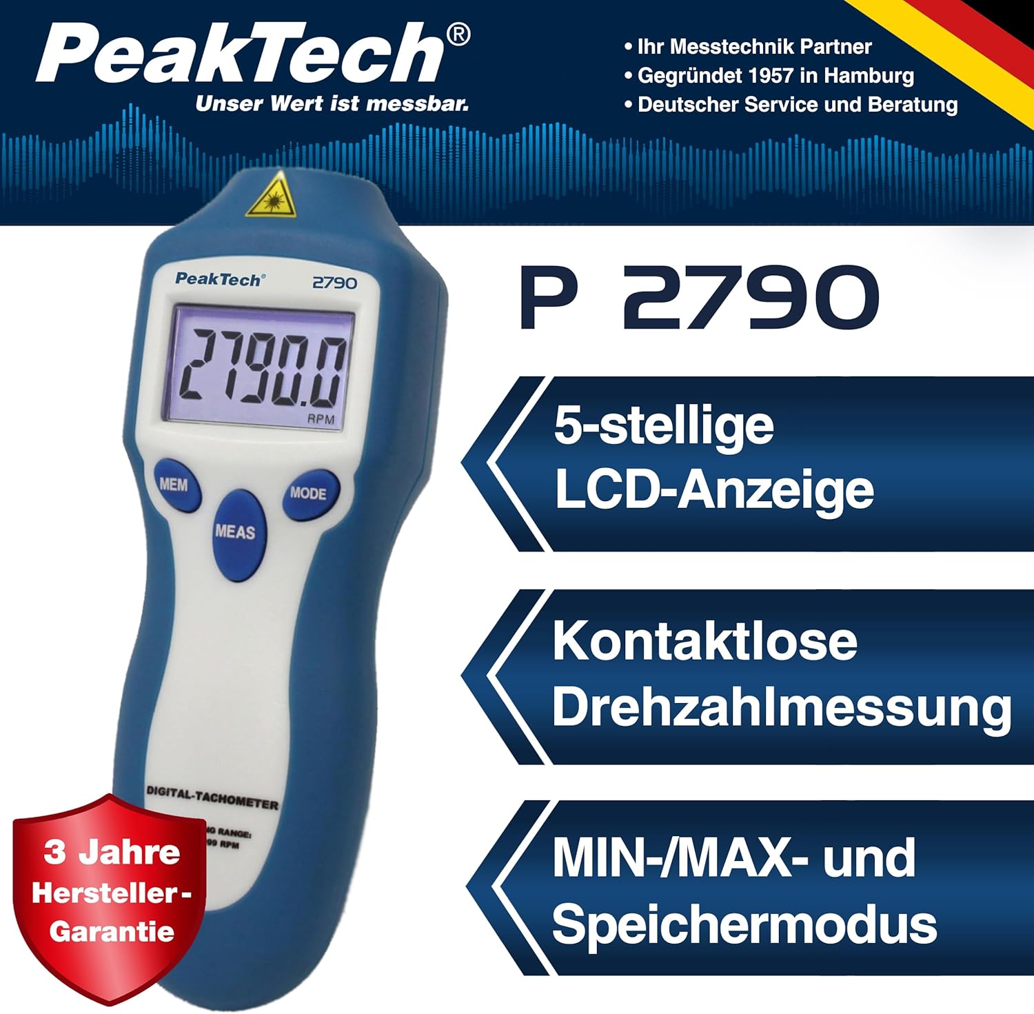 Detalle 2 de PeakTech P 2790 Drehzahlmessgerät / Tachometer – berührungslos, 2 bis 99.999 UPM