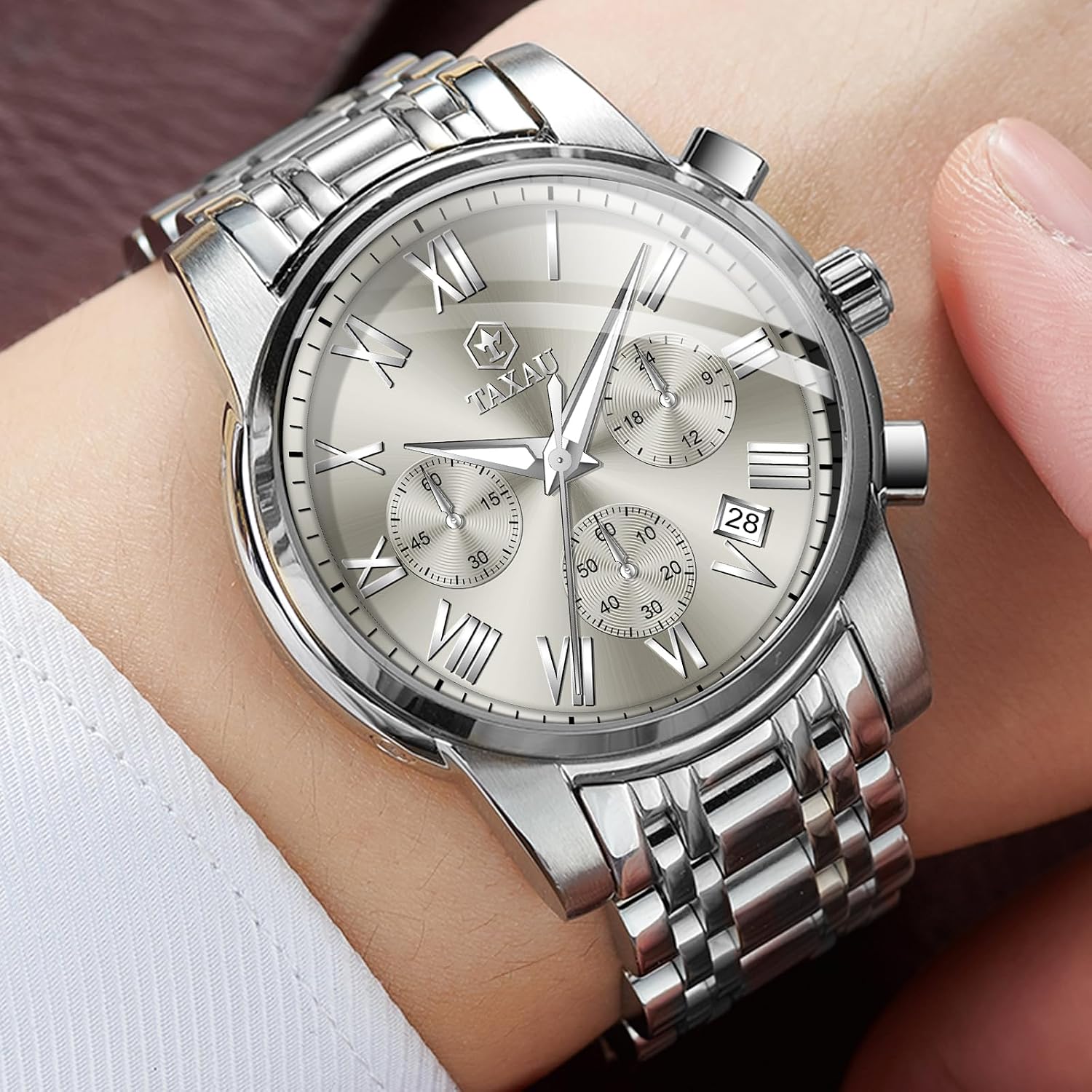 Detalle 2 de Taxau Multifunktions-Chronograph für Herren aus Edelstahl mit römischem Zifferblatt