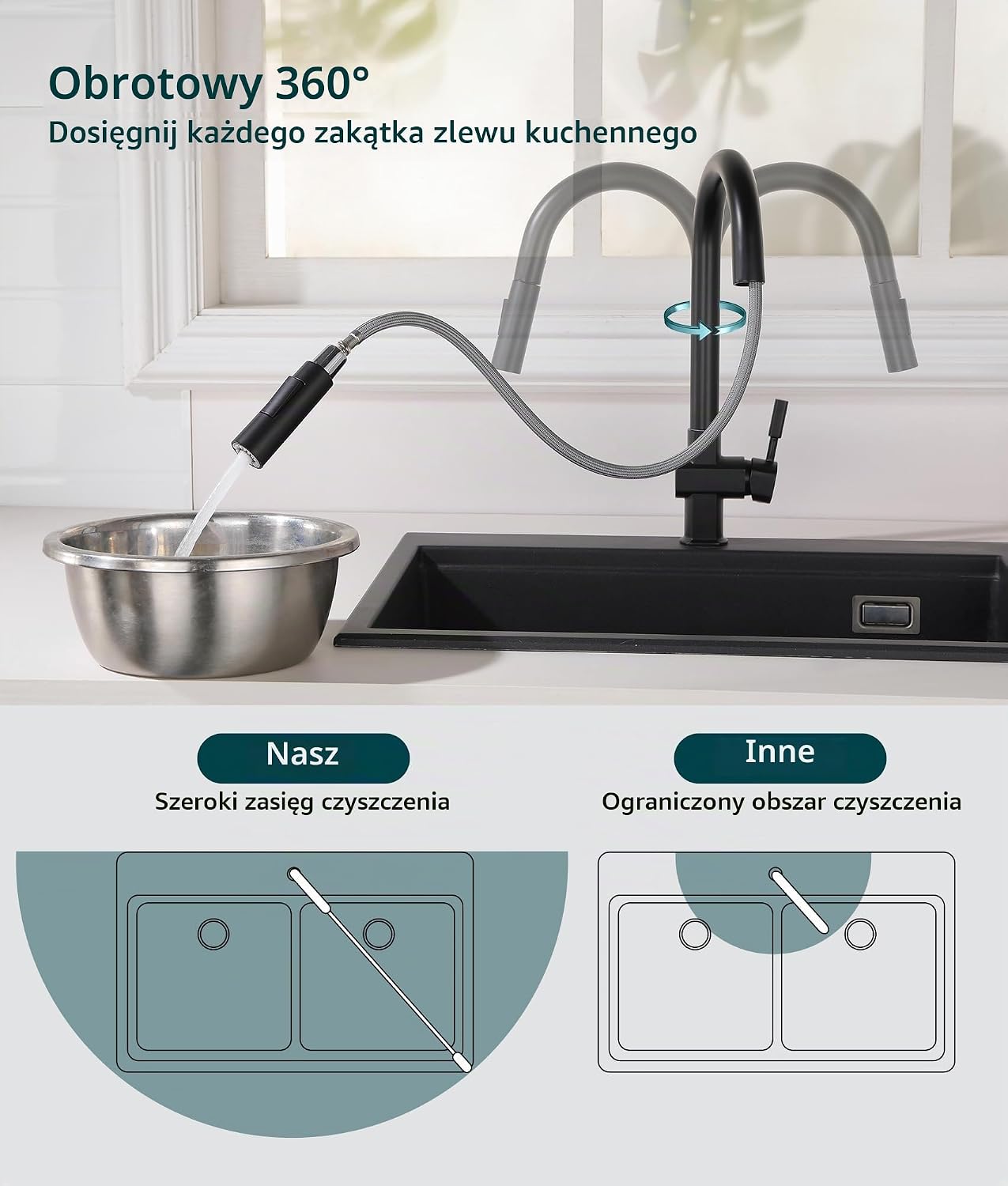 Detalle de Süßren czarna bateria kuchenna z wyciąganą wylewką, obrotem 360° i 2 strumieniami