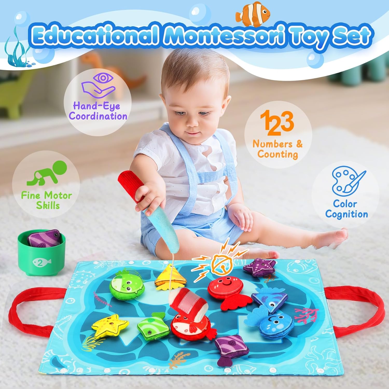 Detalle 2 de 17-Piece Montessori Fishing Game for 1-Year-Olds (Cloth Fishing Pole, Stacking Cups, Shape & Color Matching)