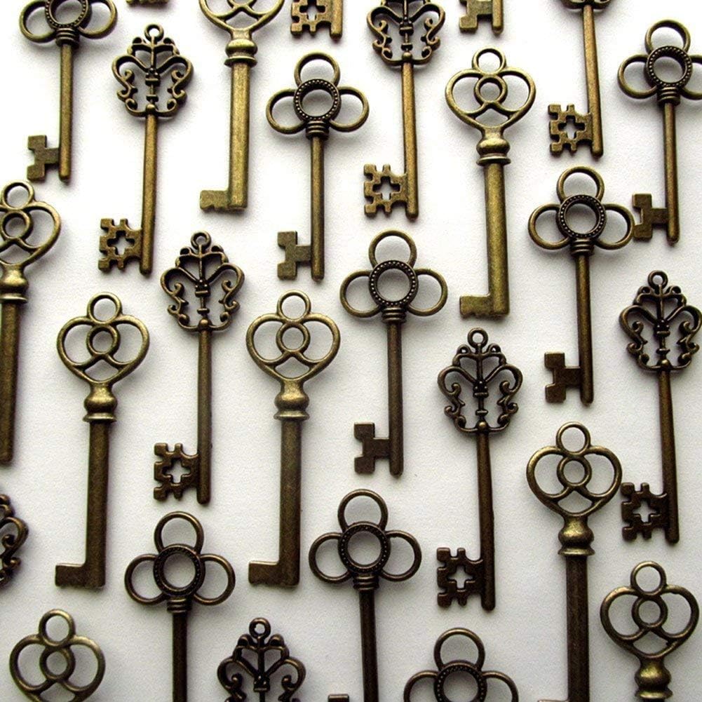 Detalle 2 de Aokbean 30-Piece Antique Skeleton Key Charms, 3 Styles, Bronze Finish