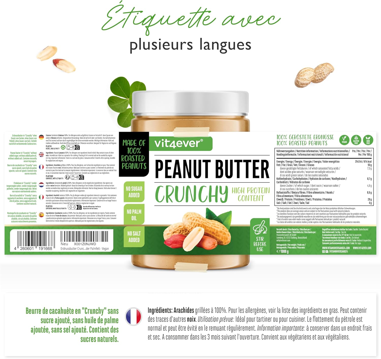 Thumbnail 1 de Beurre de cacahuètes croquant Vit4ever Sports — 1 kg, naturel, high protein (28%) et Vegan