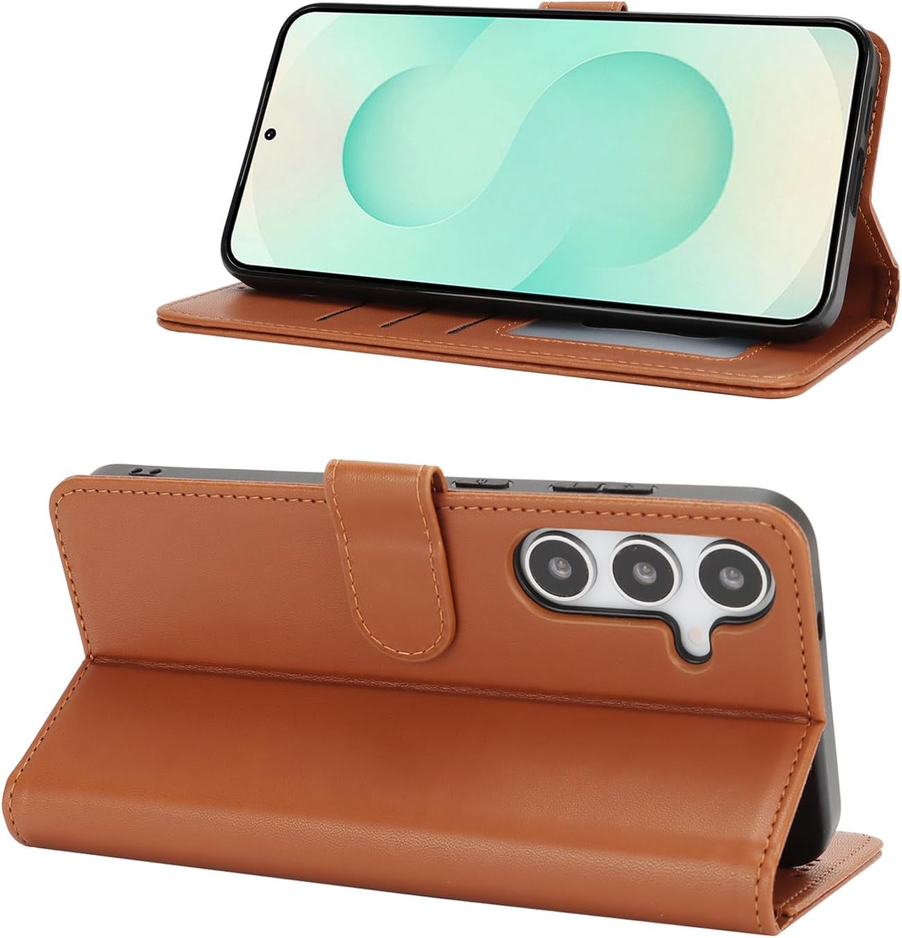 Thumbnail 5 de Zouzt Hülle für Samsung Galaxy S25 Plus – stoßfeste Flip-Lederhülle mit Kartenhalter und verstellbarem Stand (Hellbraun)