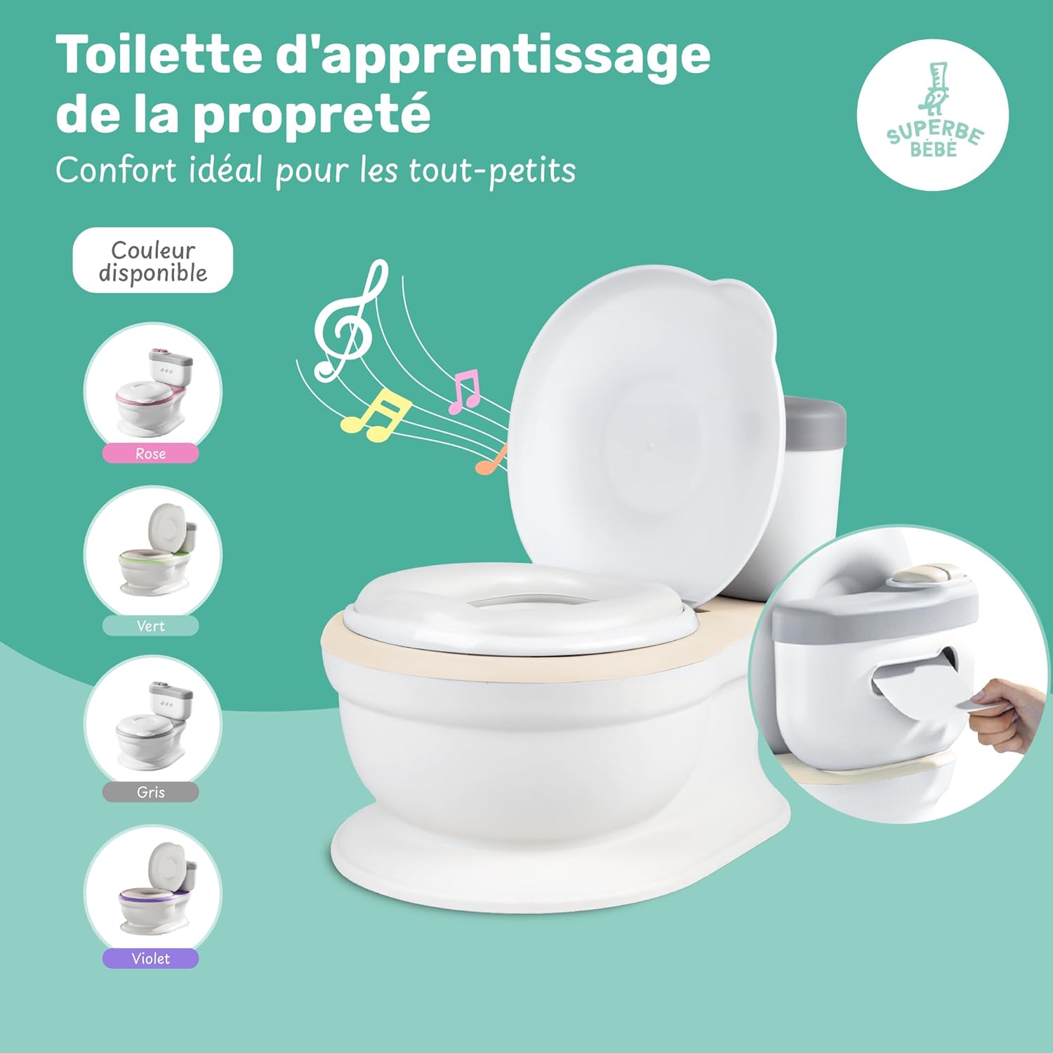 Detalle de Pot Bébé Toilette Musical pour apprentissage de la propreté – confort et sécurité pour les premières toilettes