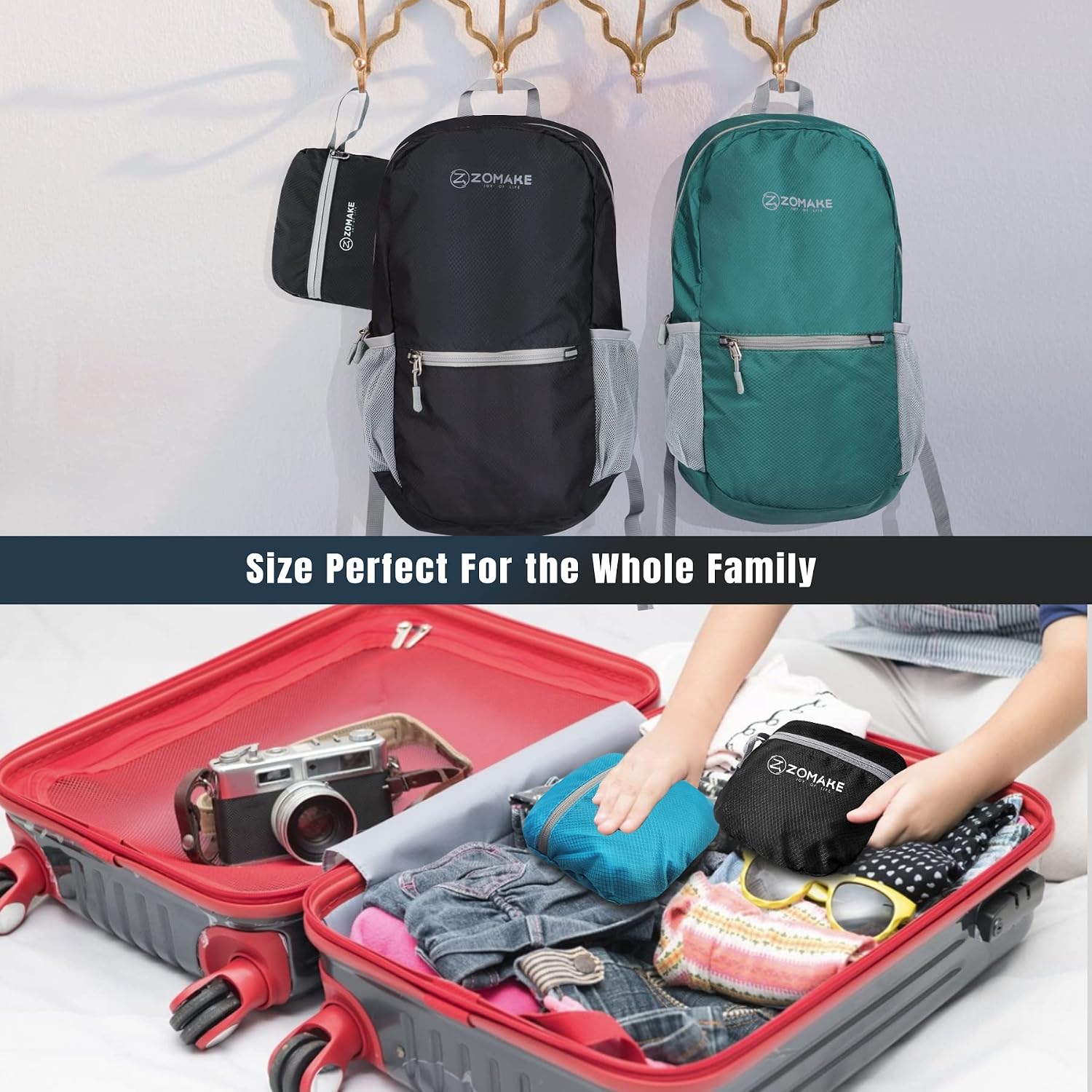 Detalle de ZOMAKE Lightweight Foldable Backpack 20L – packable rucksack for travel, hiking and everyday carry
