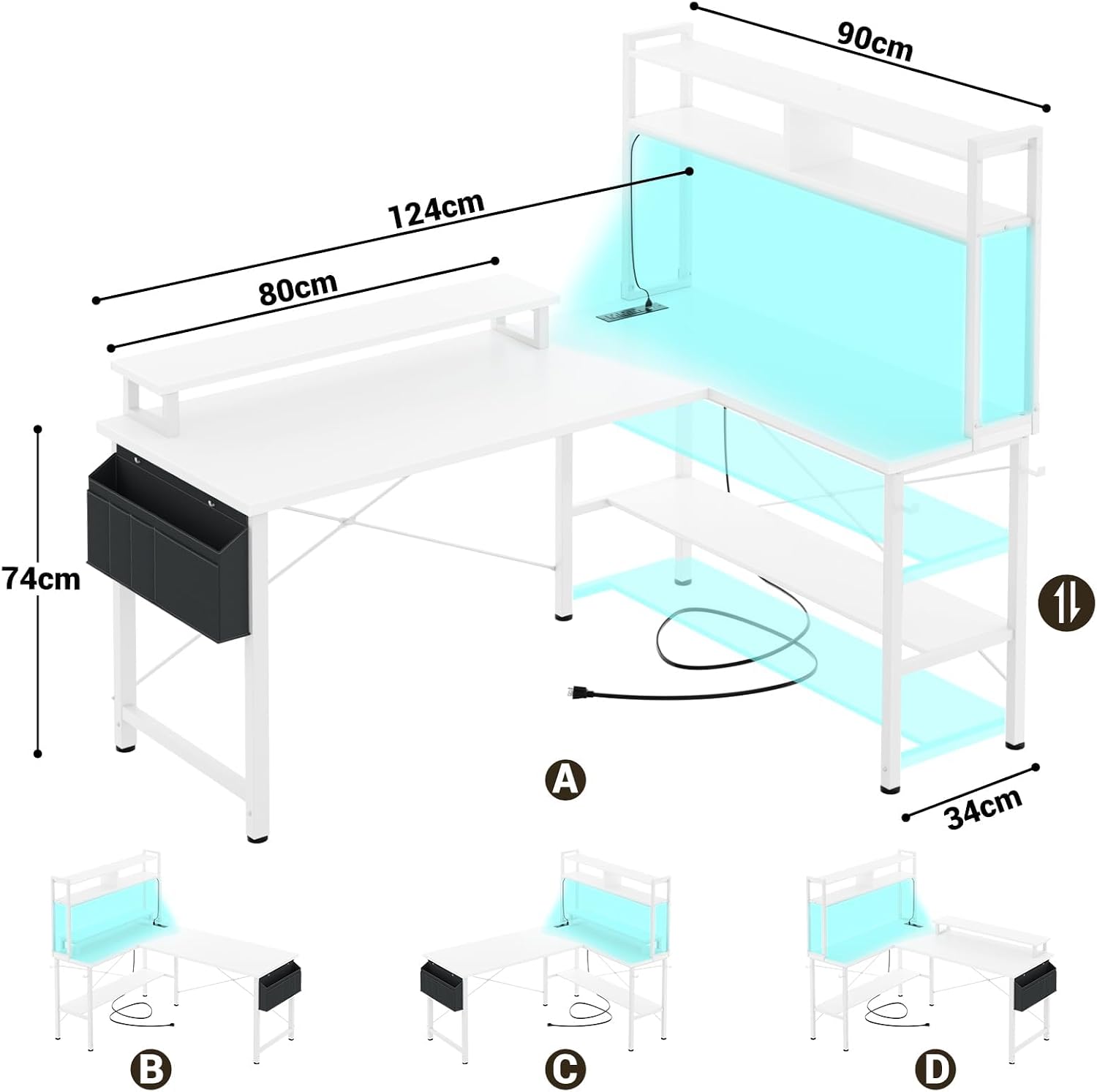 Thumbnail 1 de iSunirm L-Shaped Gaming Desk with LED Lights and Power Outlets