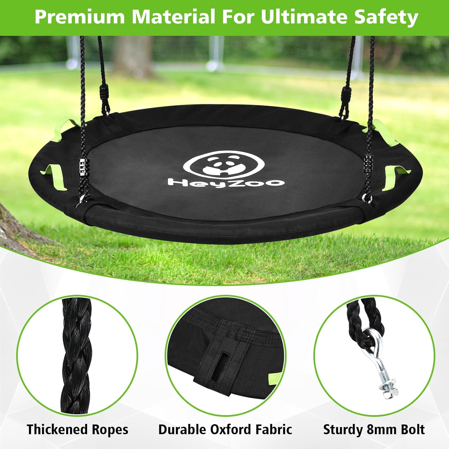 Detalle de HeyZoo 48-inch Tree Swing with Larger Saucer Seat, 900 lb Capacity, Adjustable Hanging Straps (Black)