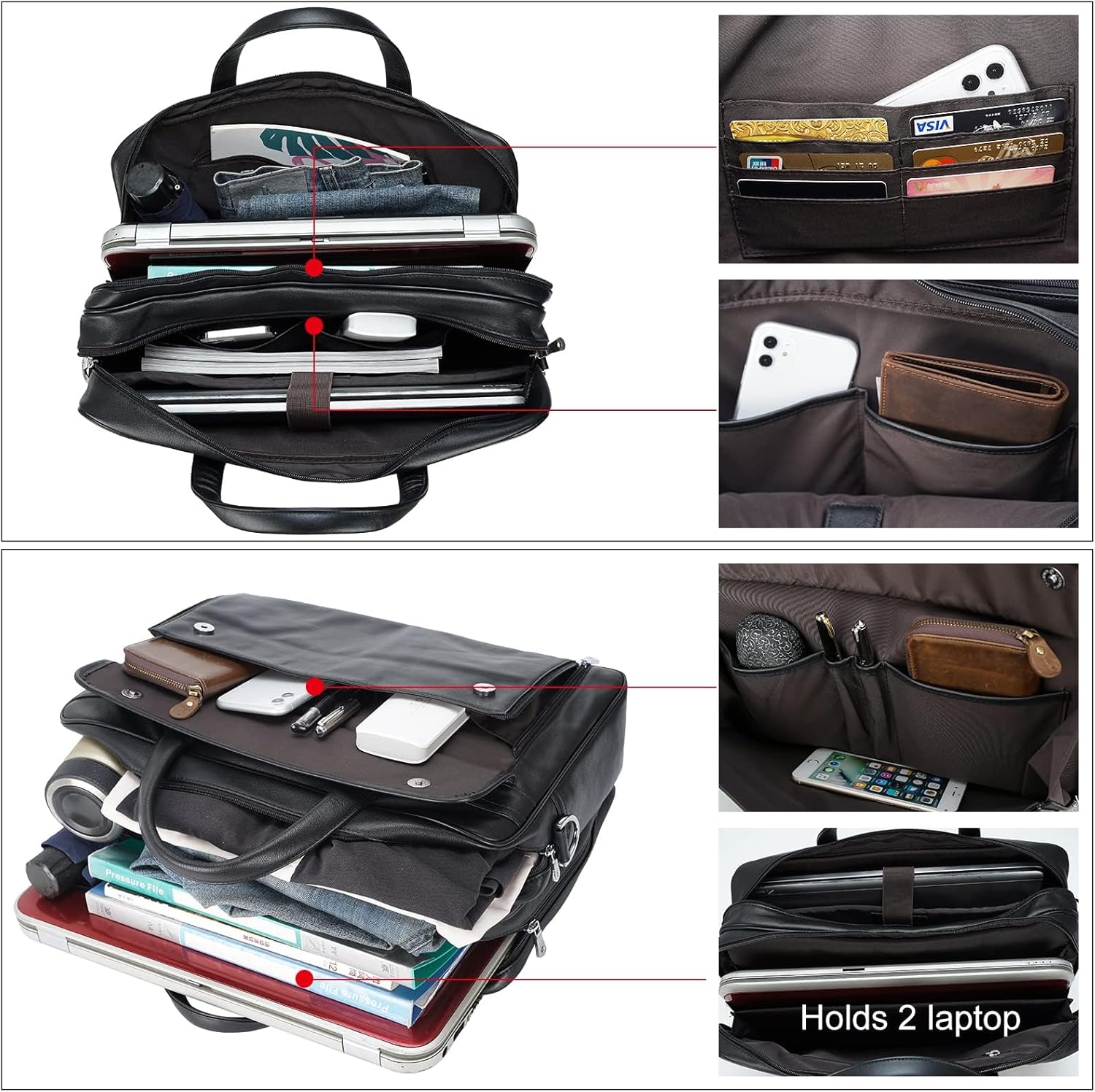 Thumbnail 3 de TIDING Men's Leather Briefcase 15.6‑17.3 Inch Laptop Bag – Black