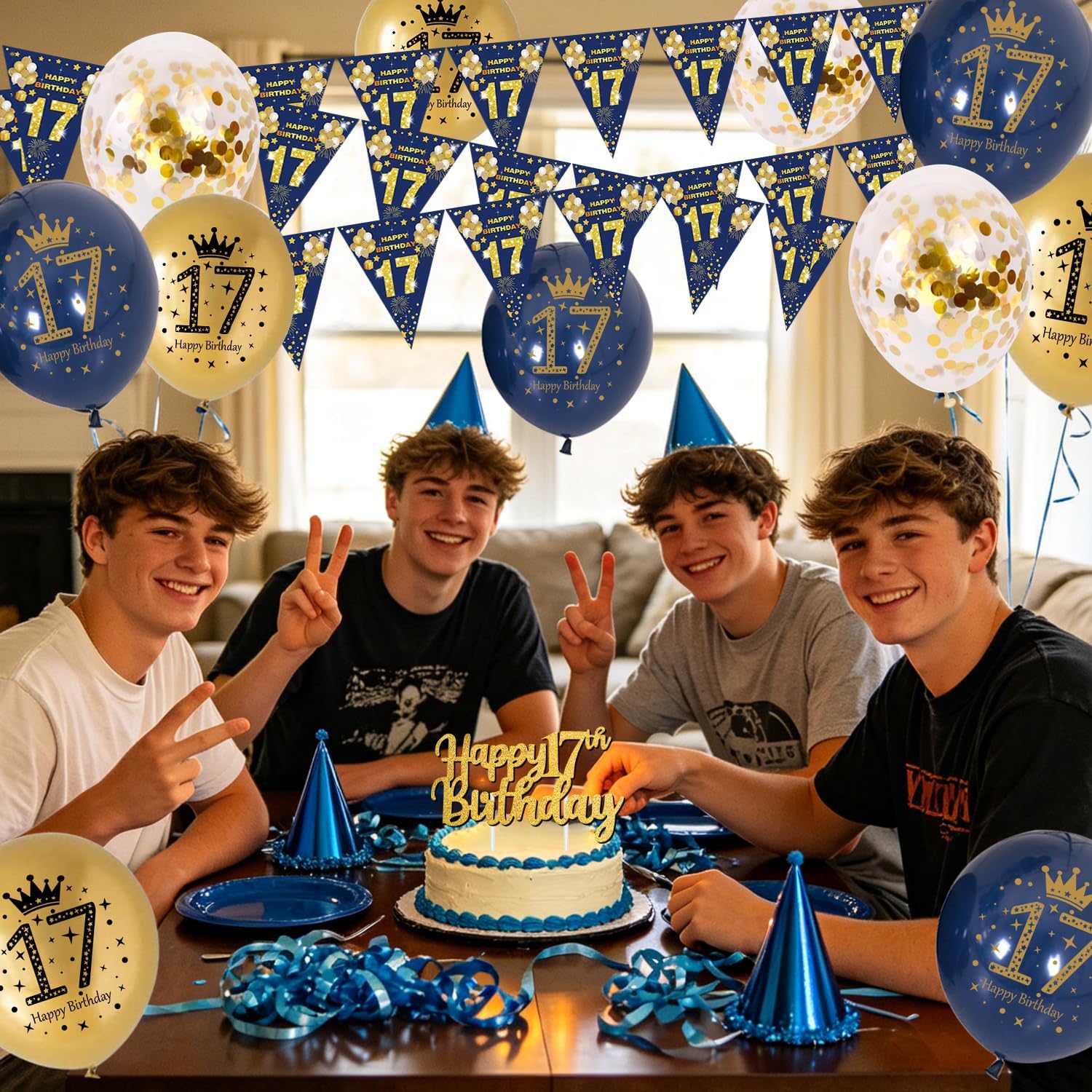 Thumbnail 2 de 17th Birthday Decorations: Navy Blue & Gold Banner Kit for Boys