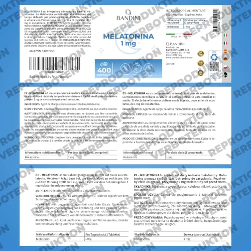Detalle de Bandini Melatonin hochdosiert 1 mg – 400 Mikrotabletten (Plus 1 Jahr Vorrat) von Bandini