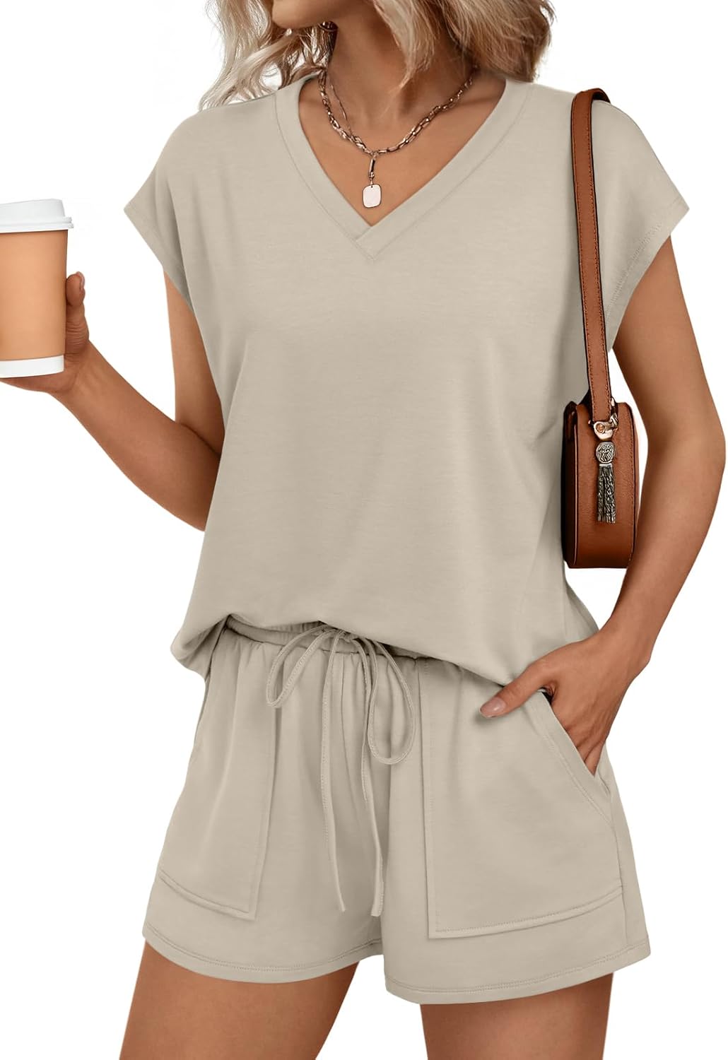 Detalle de AUTOMET Women 2 Piece V Neck Matching Lounge Set - Spring/Summer Shortset