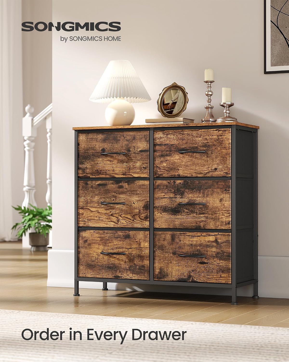 Detalle de SONGMICS LGS123BH04 6-Drawer Chest, Rustic Brown and Ink Black
