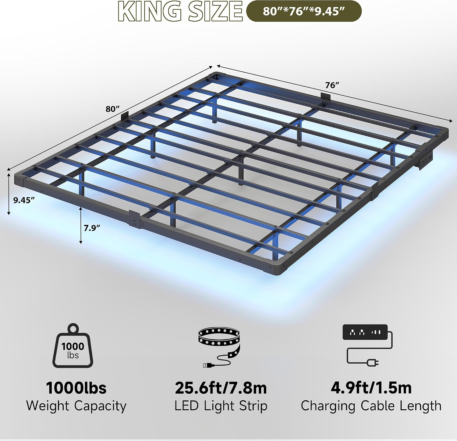 Detalle de MORICAD PX-XFC01K King Floating Bed Frame with LED Lights and Charging Station