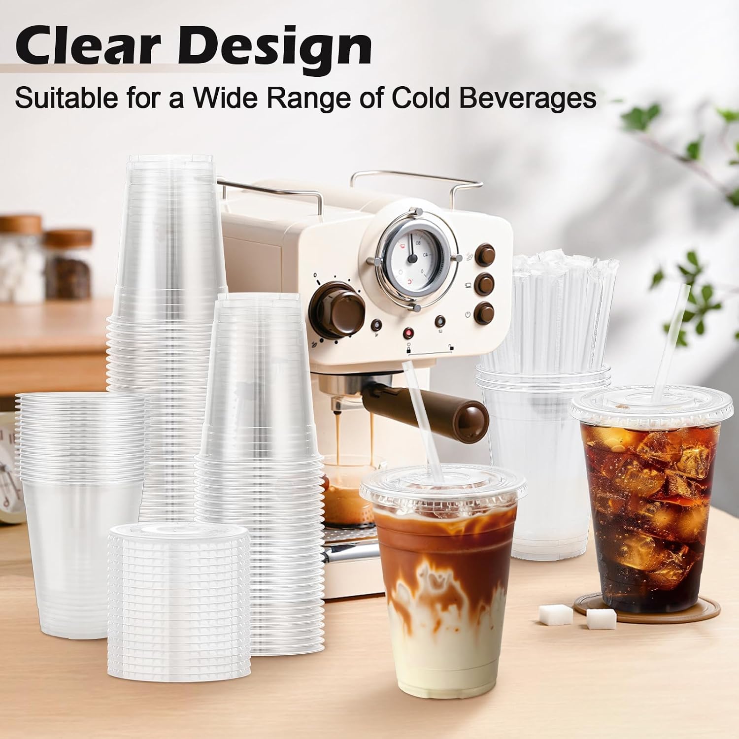 Detalle 2 de Lamosi 16 oz Clear Plastic Cups with Lids & Straws — 100 Pack for On-The-Go Beverages