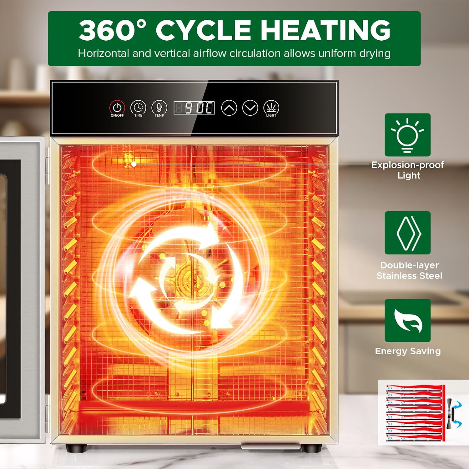 Detalle 1 de Kwasyo LT-17 Food Dehydrator, 12 Trays, 30–90°C Control and 24-Hour Timer