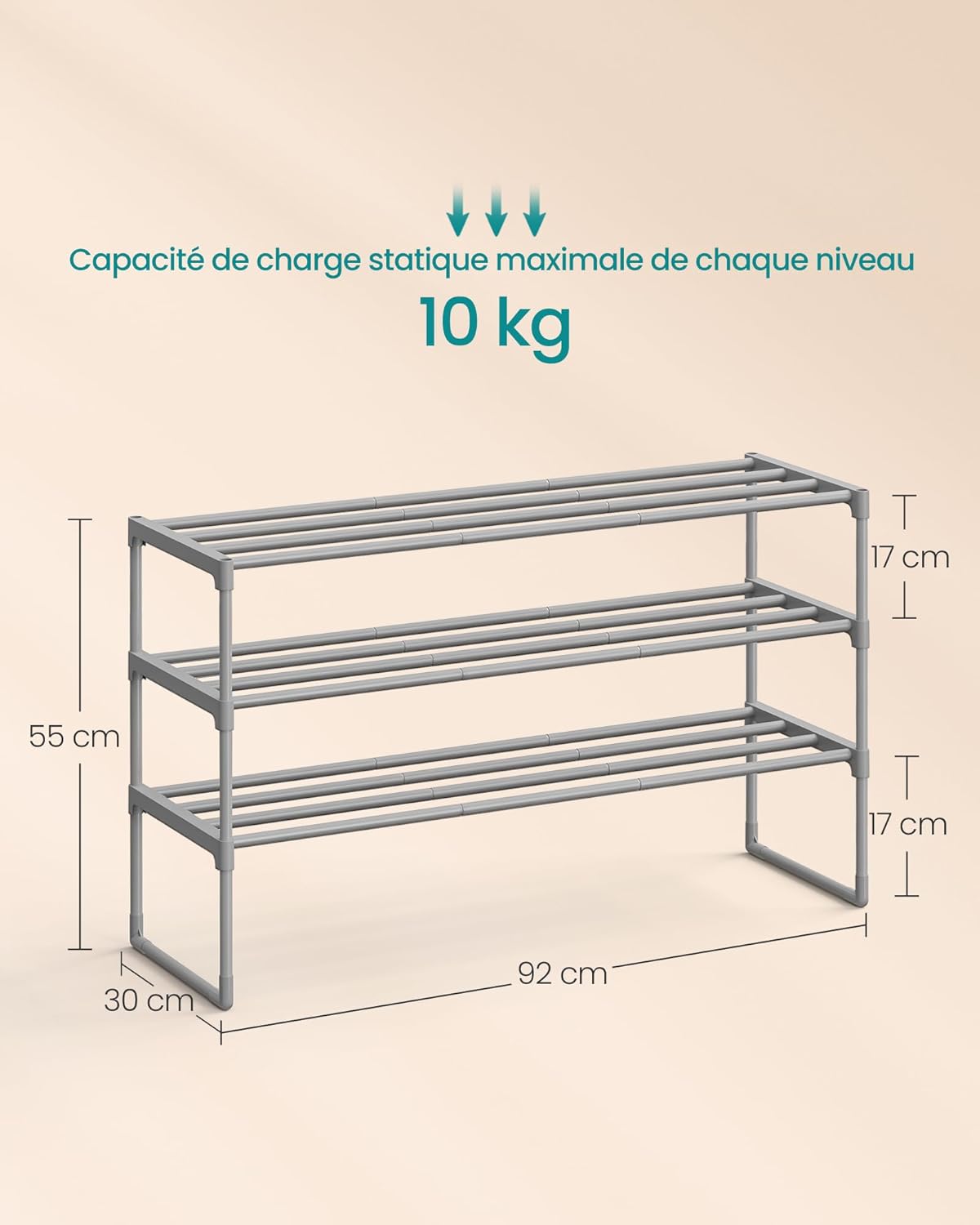 Detalle de SONGMICS LSA303G01 — étagère à chaussures 3 niveaux métallique, 16 à 20 paires, empilable, à l’endroit ou à l’envers