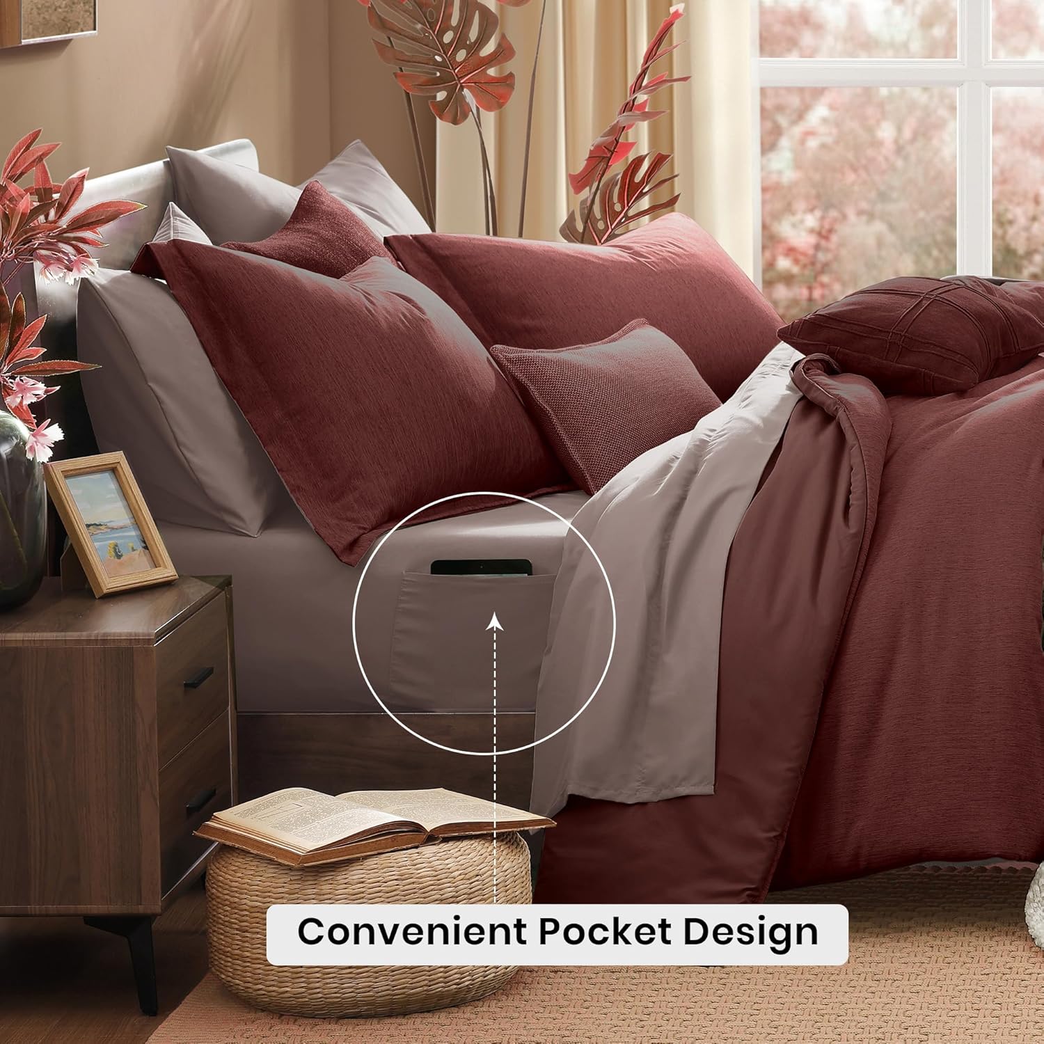 Detalle de Monbix Queen Comforter Set - 7 Pieces, Cationic Dyeing, Dark Red Bed in a Bag