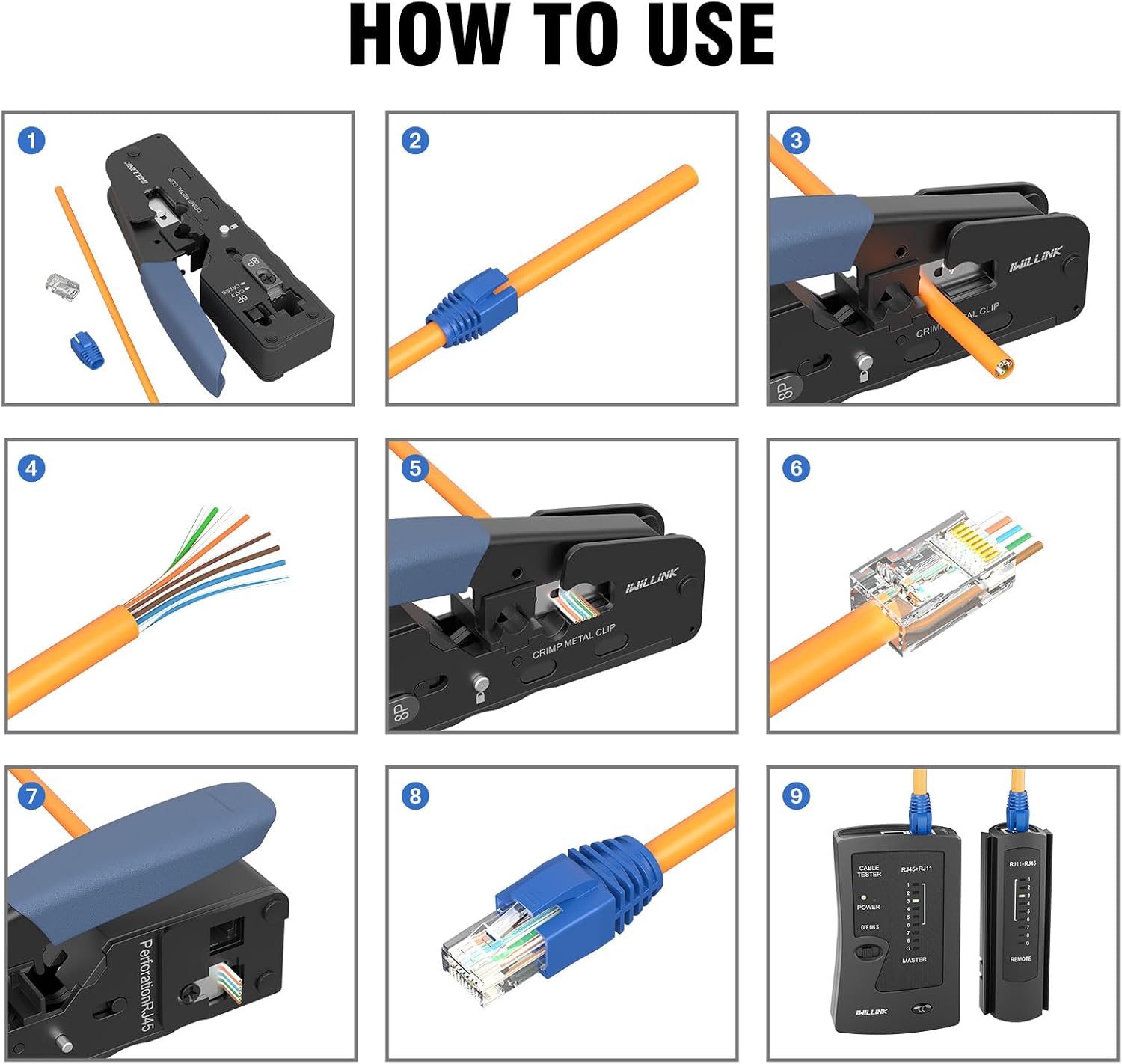 Detalle 2 de iwillink RJ45 Crimp Tool Kit (Cat6/Cat5e/Cat6A) with RJ45 crimper, punch tool, connectors and tester