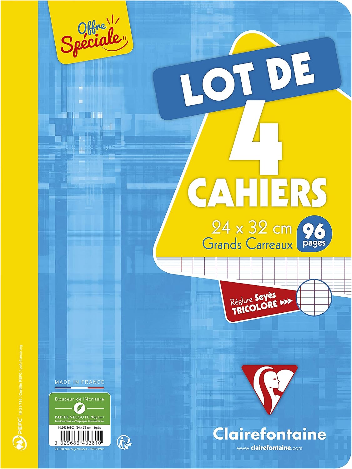 Lot de 4 cahiers agrafés Clairefontaine 643361C – grands carreaux, format 24x32 cm (96 pages) – papier blanc 90 g