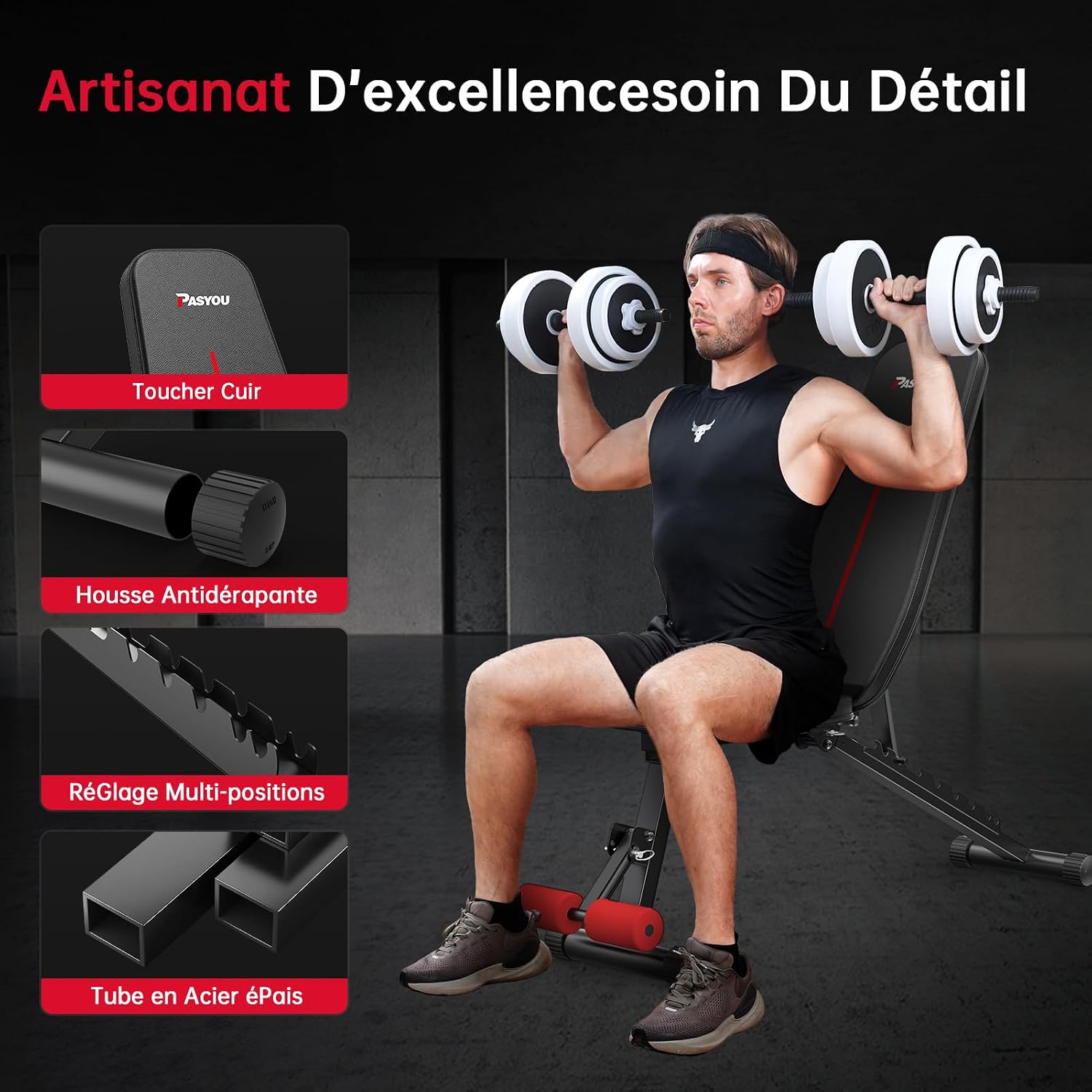 Detalle 2 de PASYOU Banc de musculation pliable 10 positions réglables jusqu’à 92°